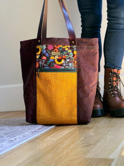 The Kristen - Project Tote Bag in Waxed Canvas, Bright Florals and Yellow Lace Vinyl - KrisChris 