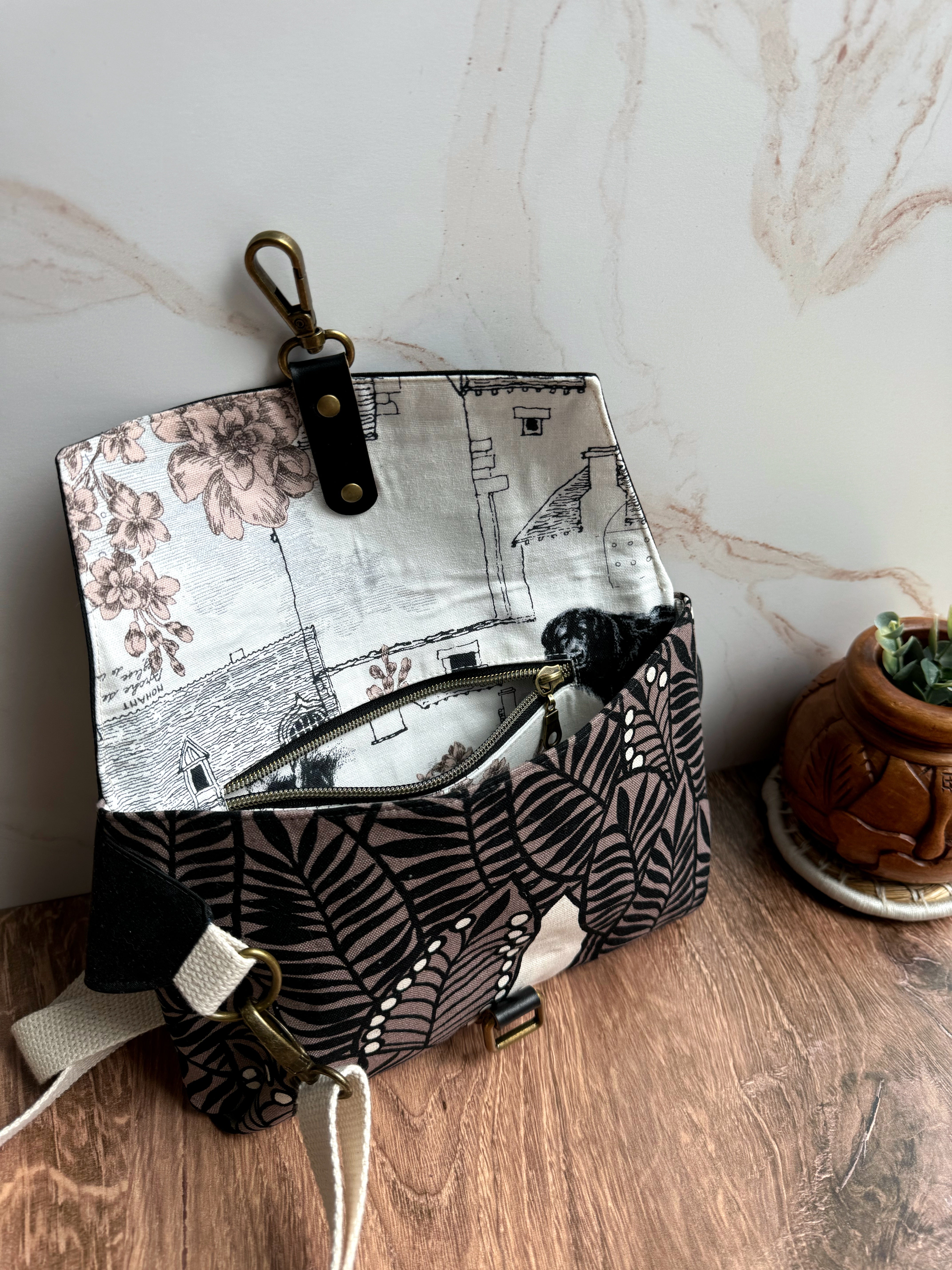 The Jenn - Adjustable Crossbody Belt Bag in Black and Brown Florals - KrisChris 