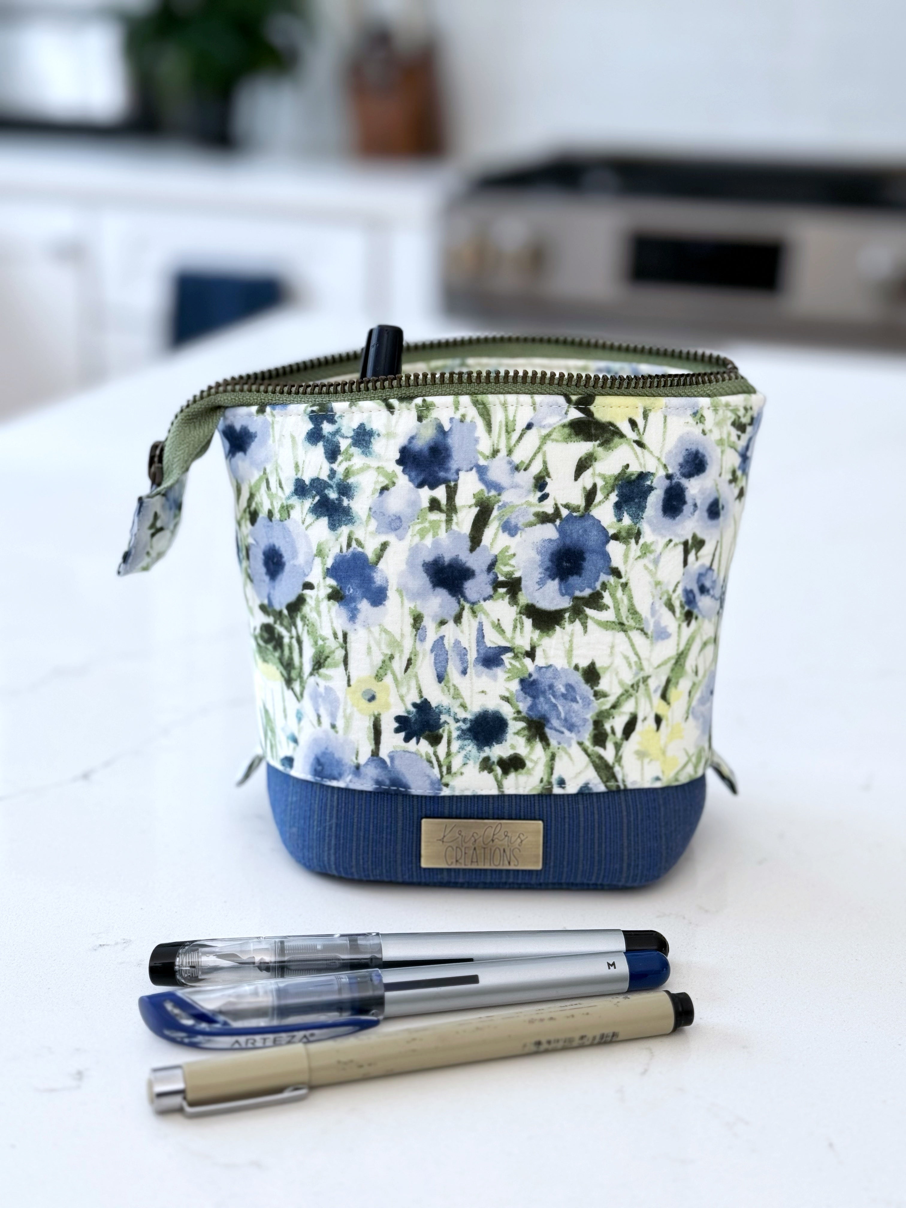 The Kate - Zipper Art Supply Pouch in Blue and Green Florals - KrisChris 