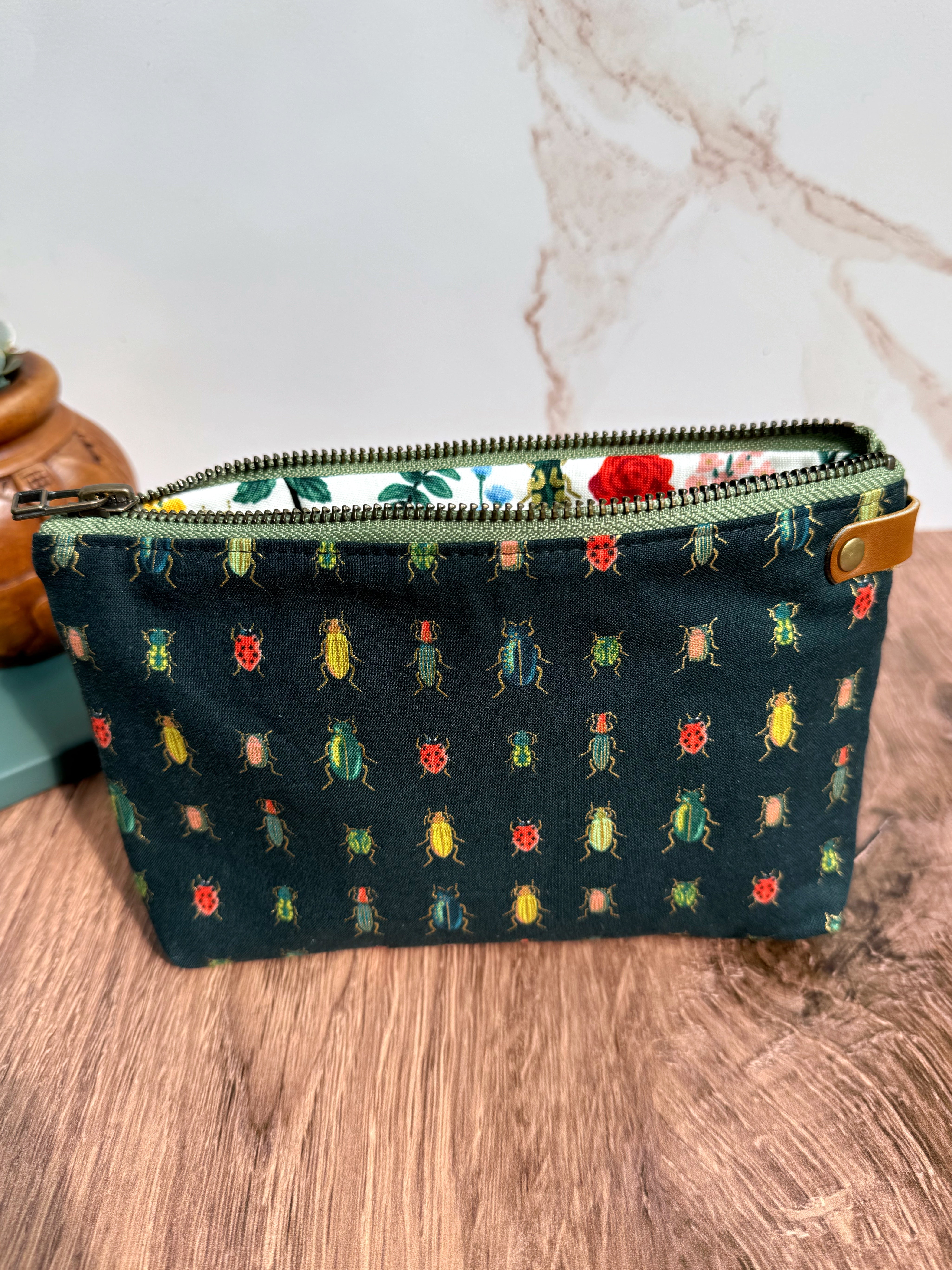 The Erin - Double Zippered Pouch in Tan Vegan Leather and Green Bug Fabric - KrisChris 