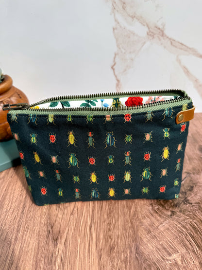 The Erin - Double Zippered Pouch in Tan Vegan Leather and Green Bug Fabric - KrisChris 