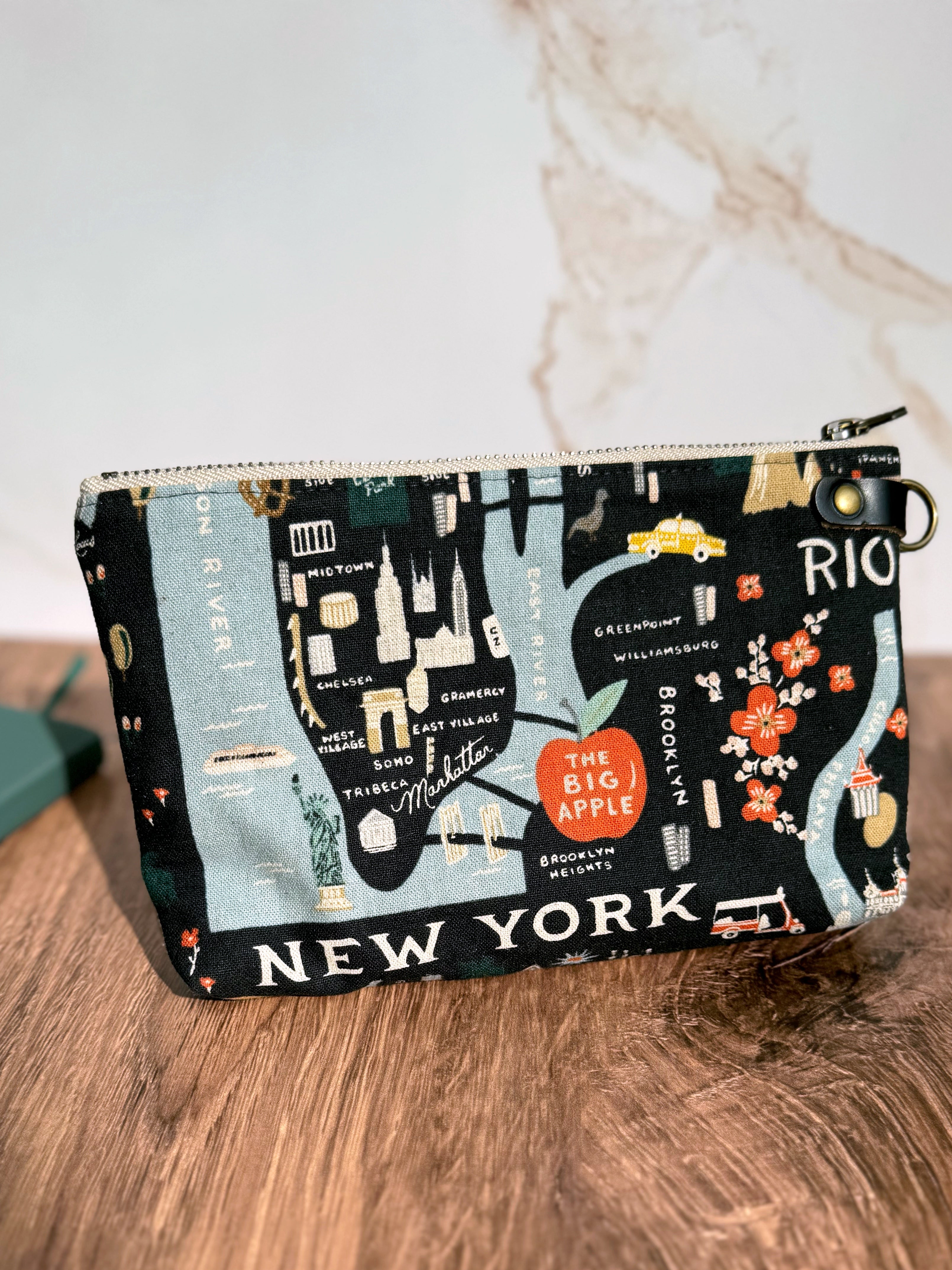 The Erin - Double Zippered Pouch in Red Lace Vinyl and Map Fabric for a Travel Lover - KrisChris 