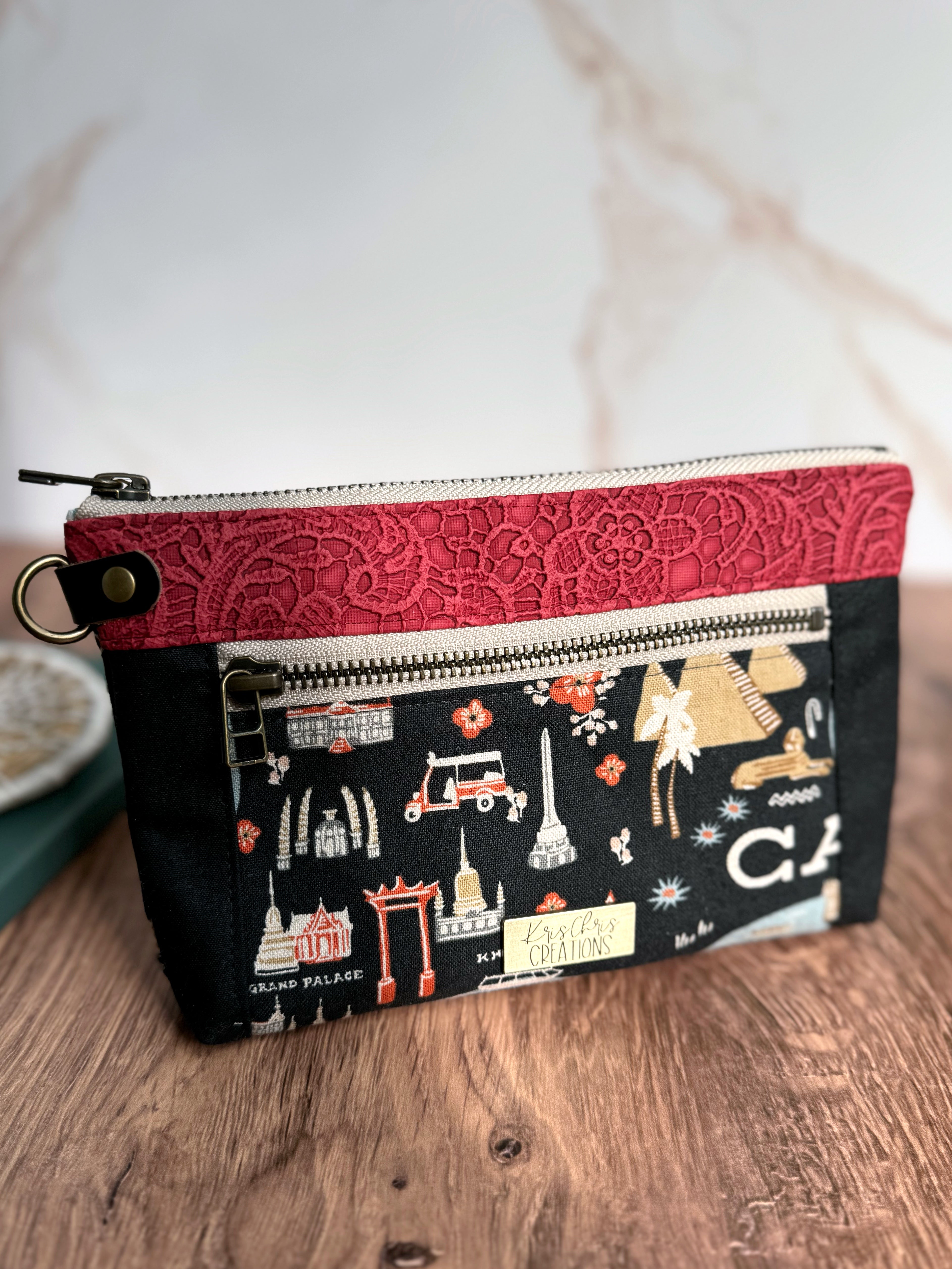 The Erin - Double Zippered Pouch in Red Lace Vinyl and Map Fabric for a Travel Lover - KrisChris 