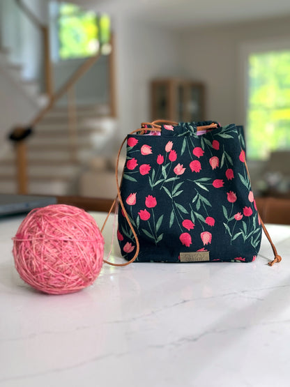 The Pat Pouch - Japanese Drawstring Bag in Navy and Pink Tulip Linen - KrisChris 