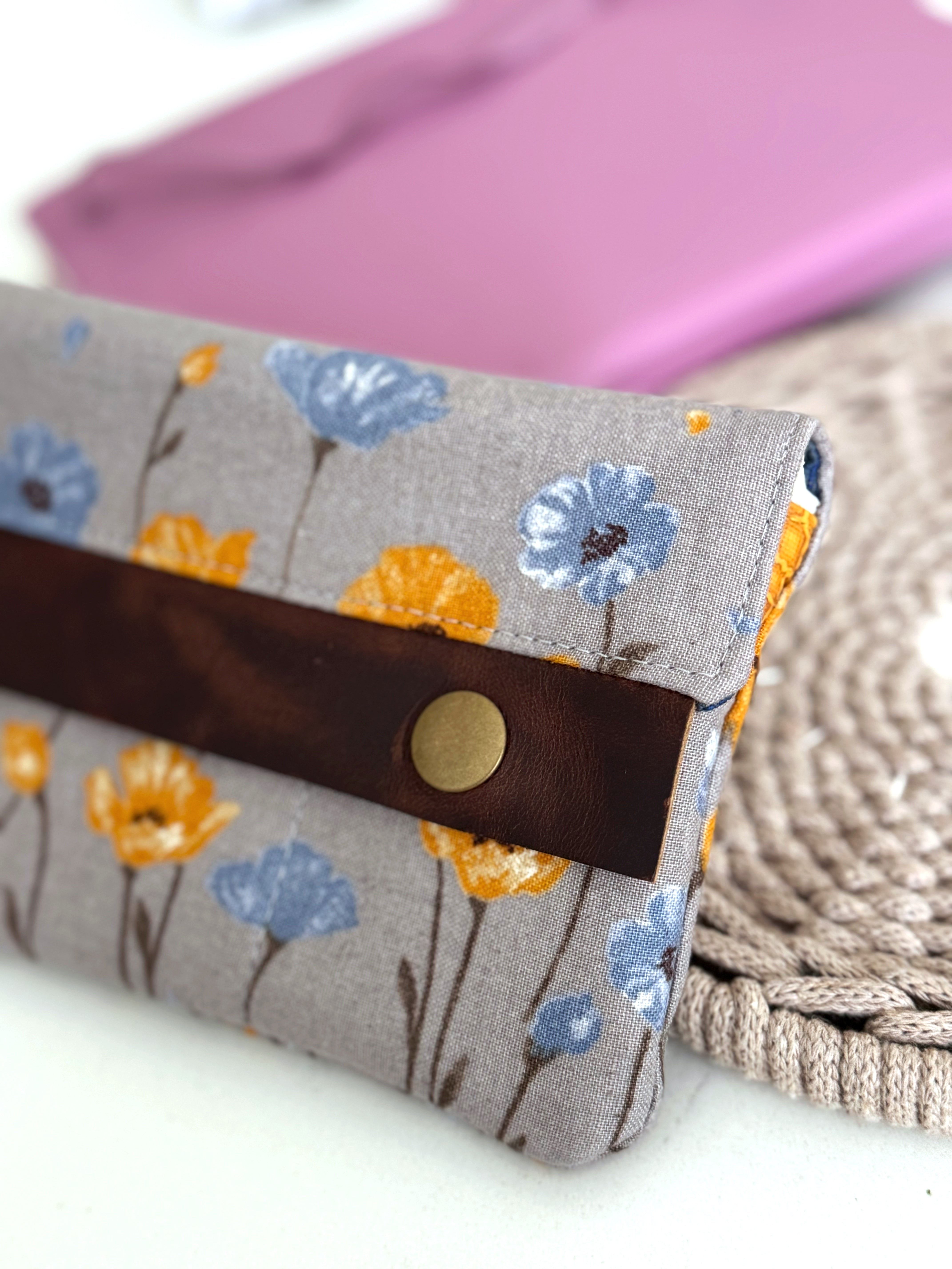 The Janet - Full Size Wallet in Grey Japanese Linen with Cheerful Yellow and Blue Poppies