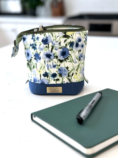 The Kate - Zipper Art Supply Pouch in Blue and Green Florals - KrisChris 