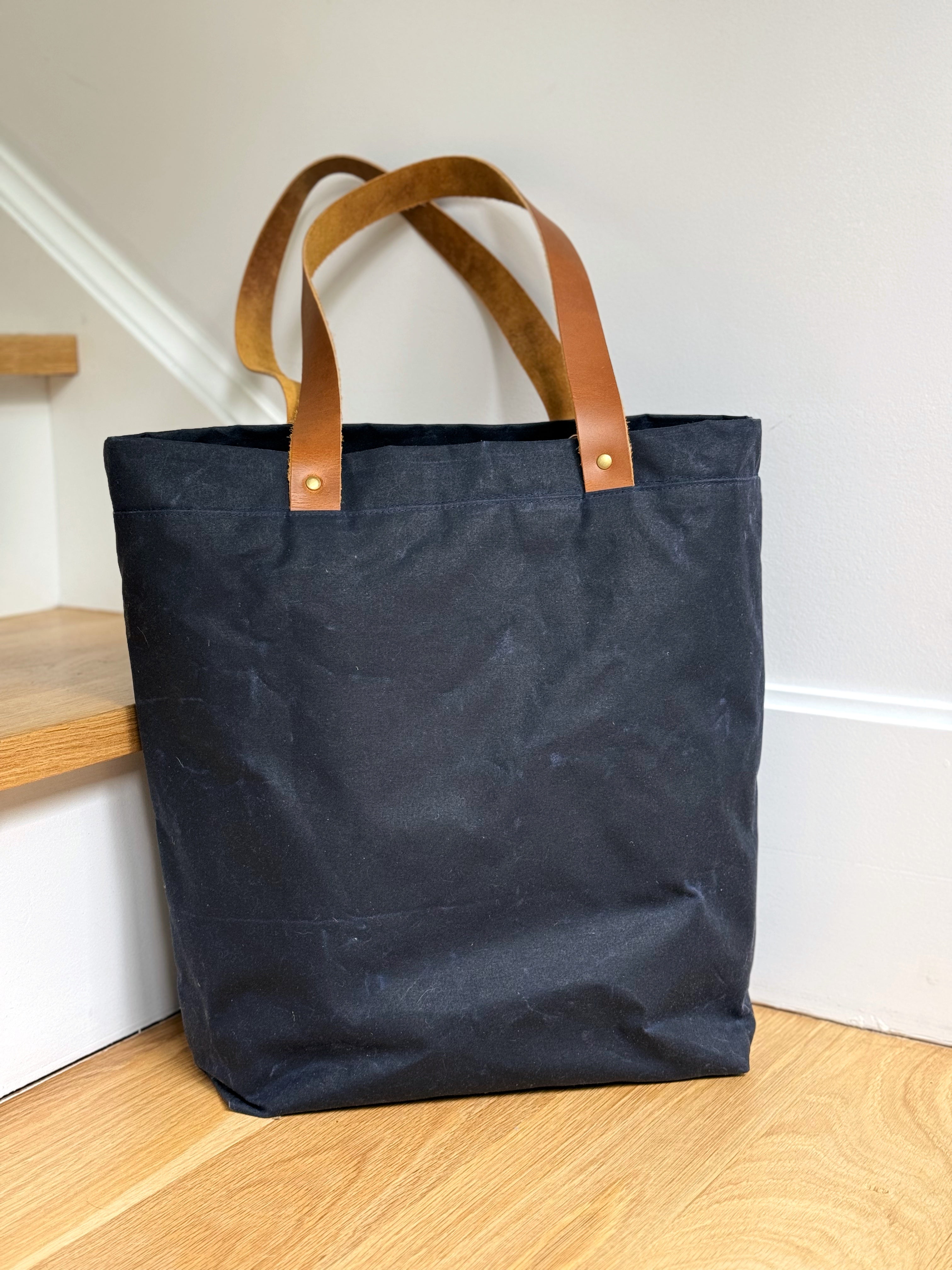 The Kristen - Project Tote Bag in Navy Waxed Canvas and Colorful Floral Fabric - KrisChris 