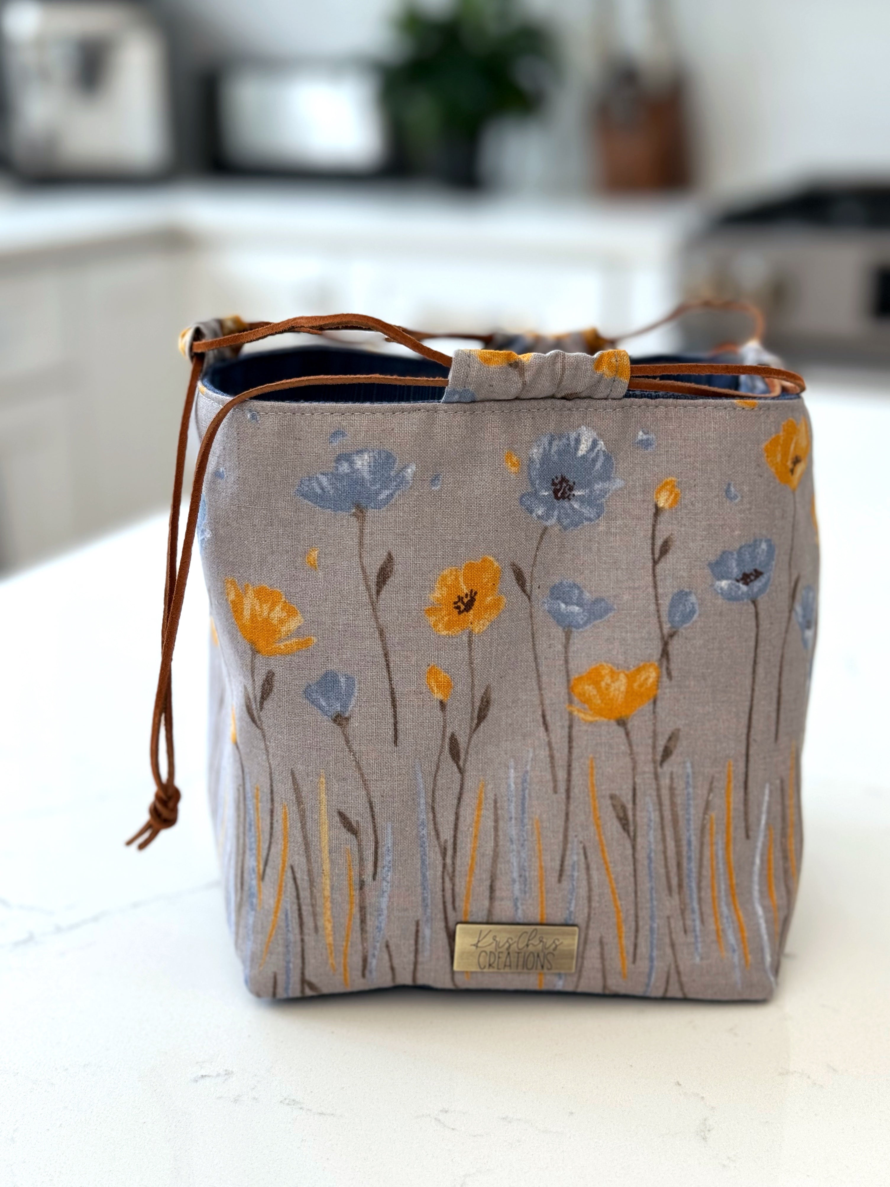 The Pat Pouch - Drawstring Bag in Japanese Linen - Blue and Yellow Poppies - KrisChris 