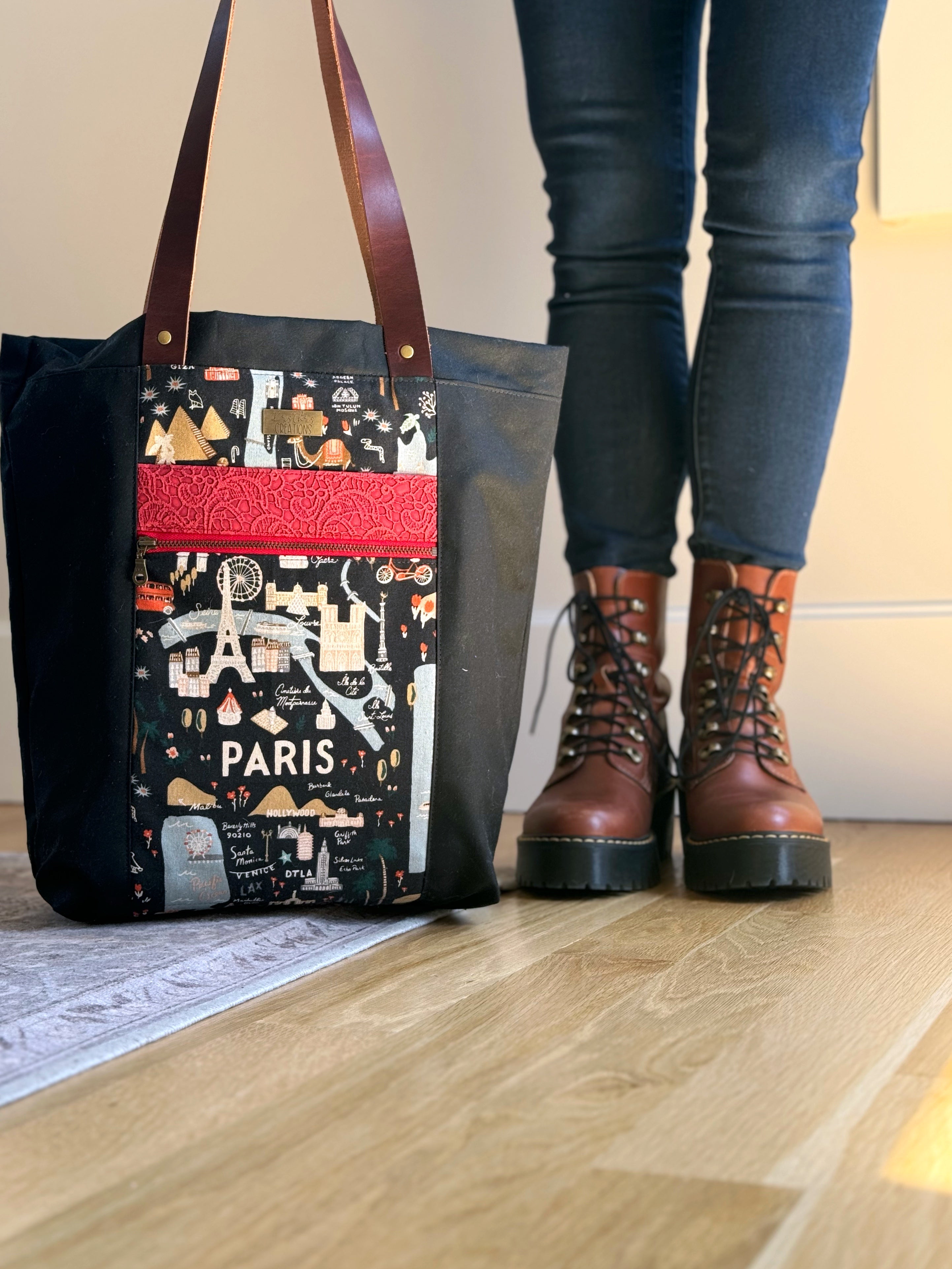 The Kristen - Project Tote Bag in Black Waxed Canvas for Travel Lover - KrisChris 