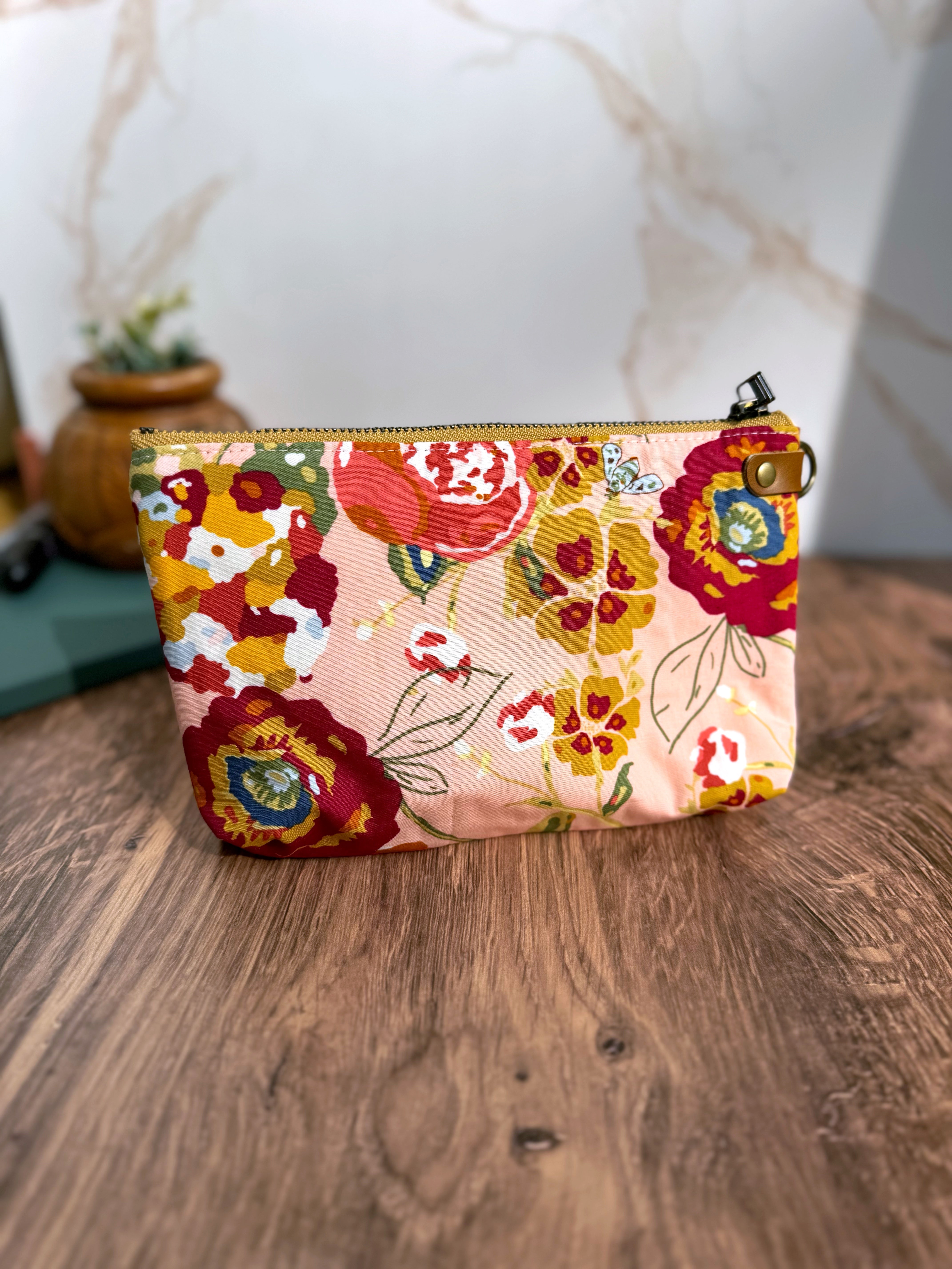 The Erin - Double Zippered Pouch in Yellow Lace Vinyl and Pink and Red Floral Cotton - KrisChris 