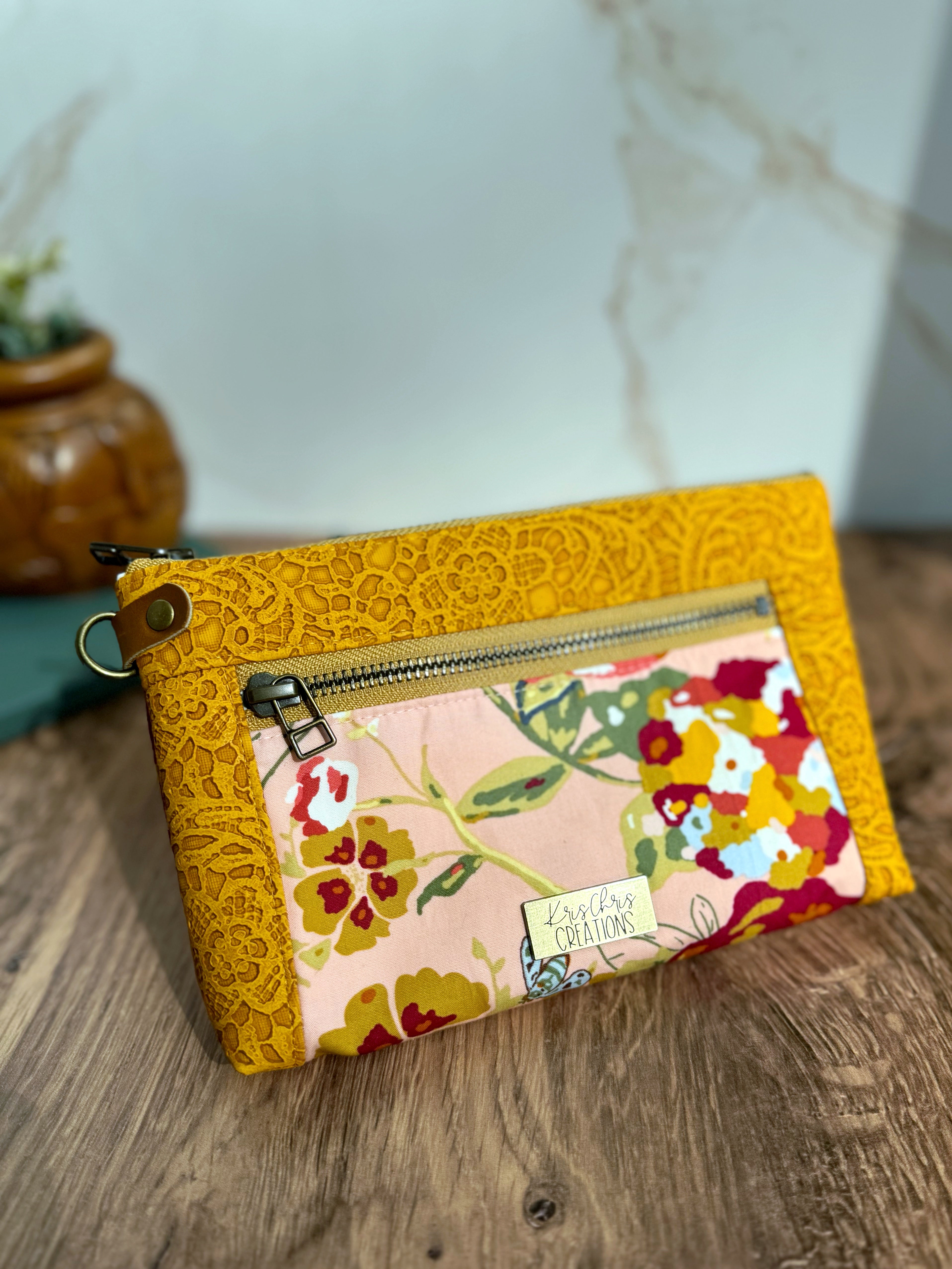 The Erin - Double Zippered Pouch in Yellow Lace Vinyl and Pink and Red Floral Cotton - KrisChris 