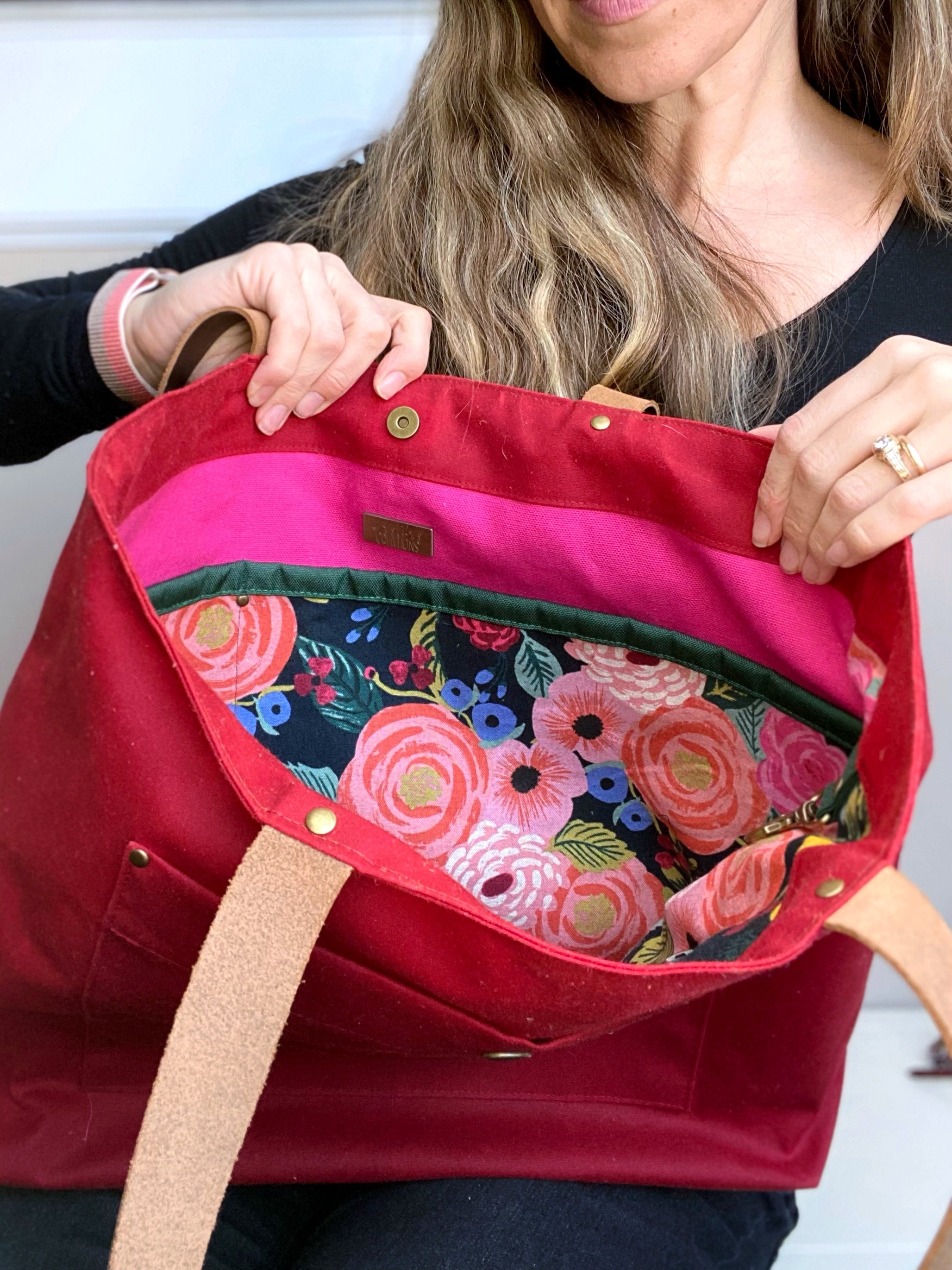 The Jody - Everyday Tote Bag in Red Canvas with Colorful Floral Lining - KrisChris 