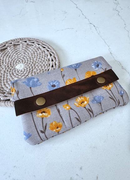 The Janet - Full Size Wallet in Grey Japanese Linen with Cheerful Yellow and Blue Poppies