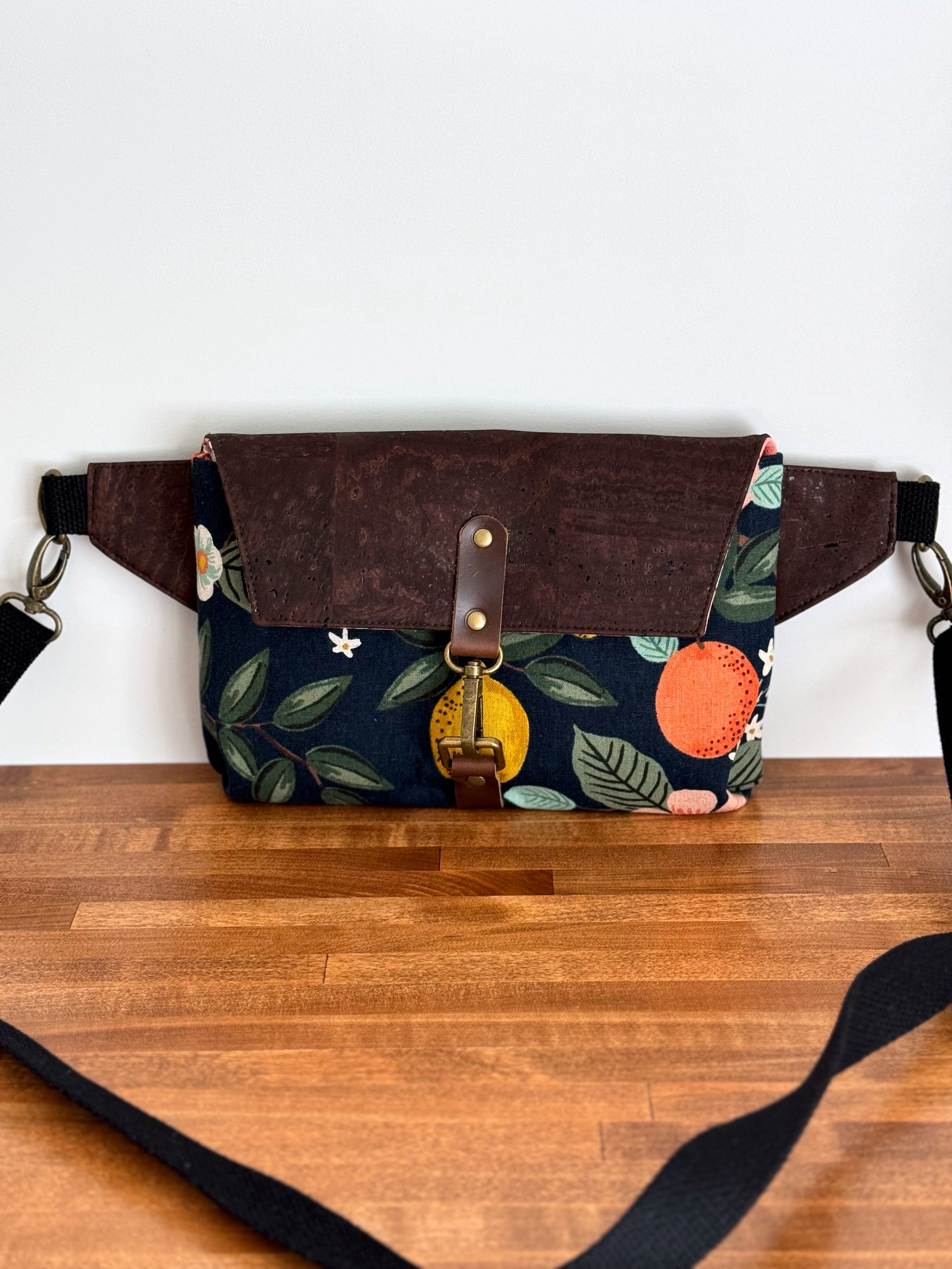 The Jenn - Adjustable Crossbody Belt Bag in Brown Cork and Citrus Florals - KrisChris 