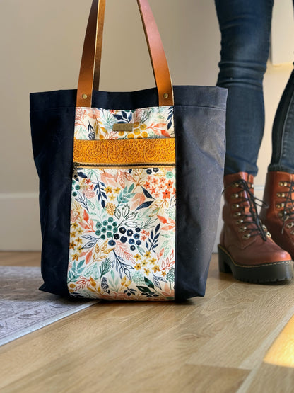 The Kristen - Project Tote Bag in Navy Waxed Canvas and Colorful Floral Fabric - KrisChris 