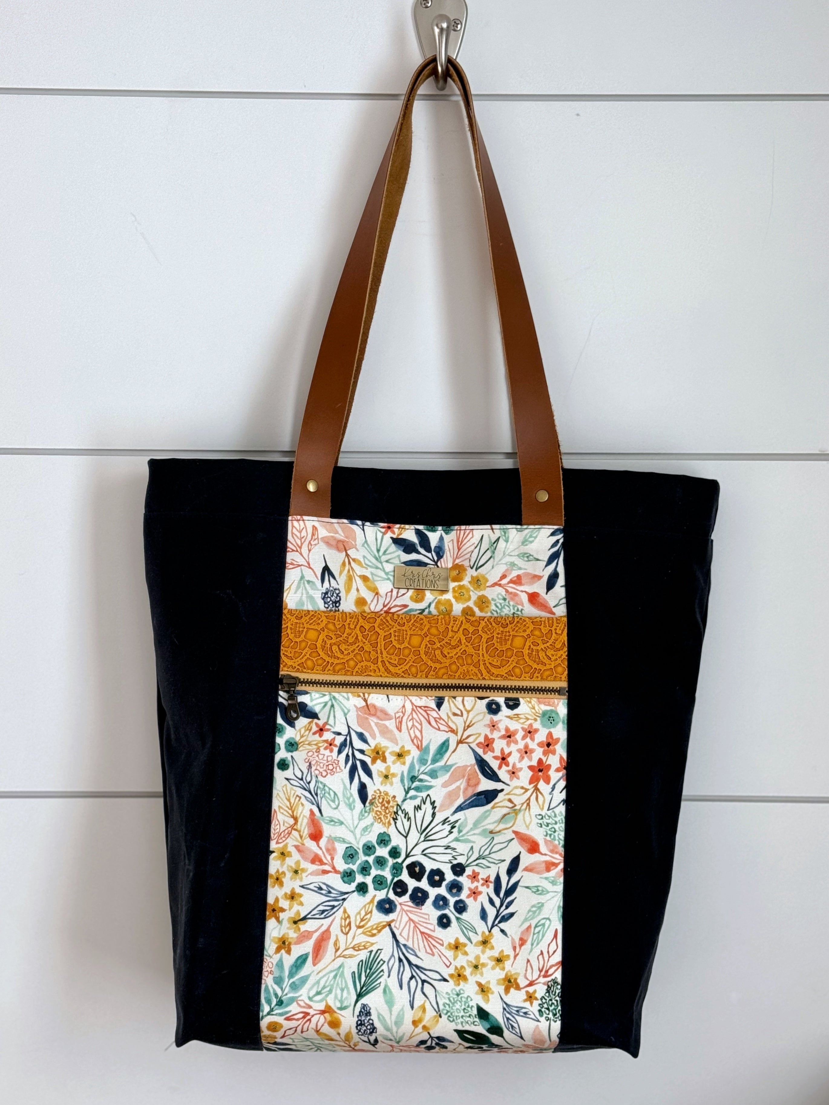 The Kristen - Project Tote Bag in Navy Waxed Canvas and Colorful Floral Fabric - KrisChris 