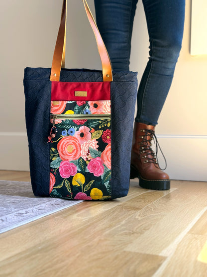 The Kristen - Project Tote Bag in Textured Denim and Bright Pink Floral Canvas - KrisChris 