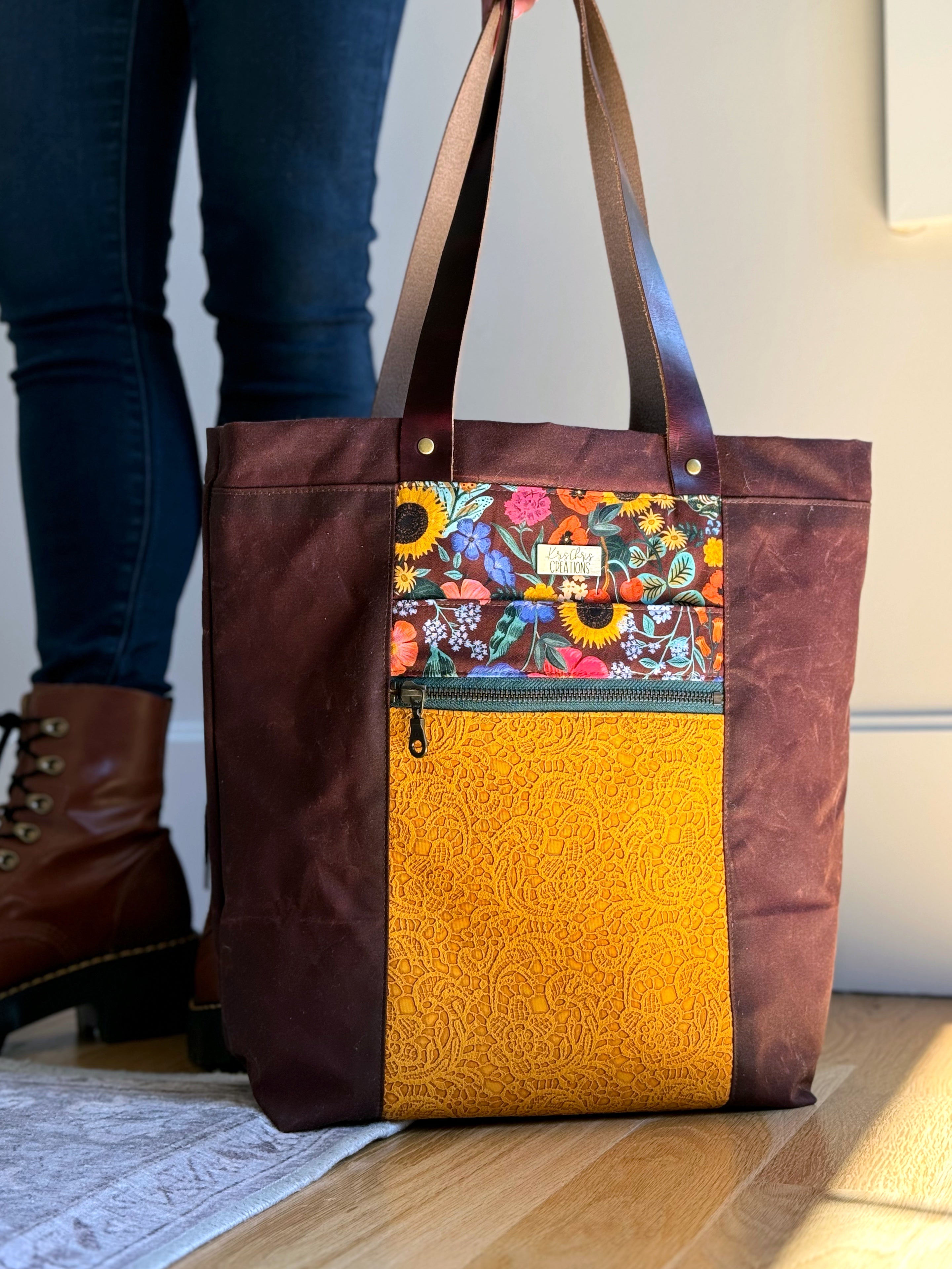 The Kristen - Project Tote Bag in Waxed Canvas, Bright Florals and Yellow Lace Vinyl - KrisChris 