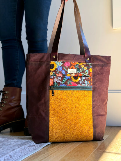 The Kristen - Project Tote Bag in Waxed Canvas, Bright Florals and Yellow Lace Vinyl - KrisChris 