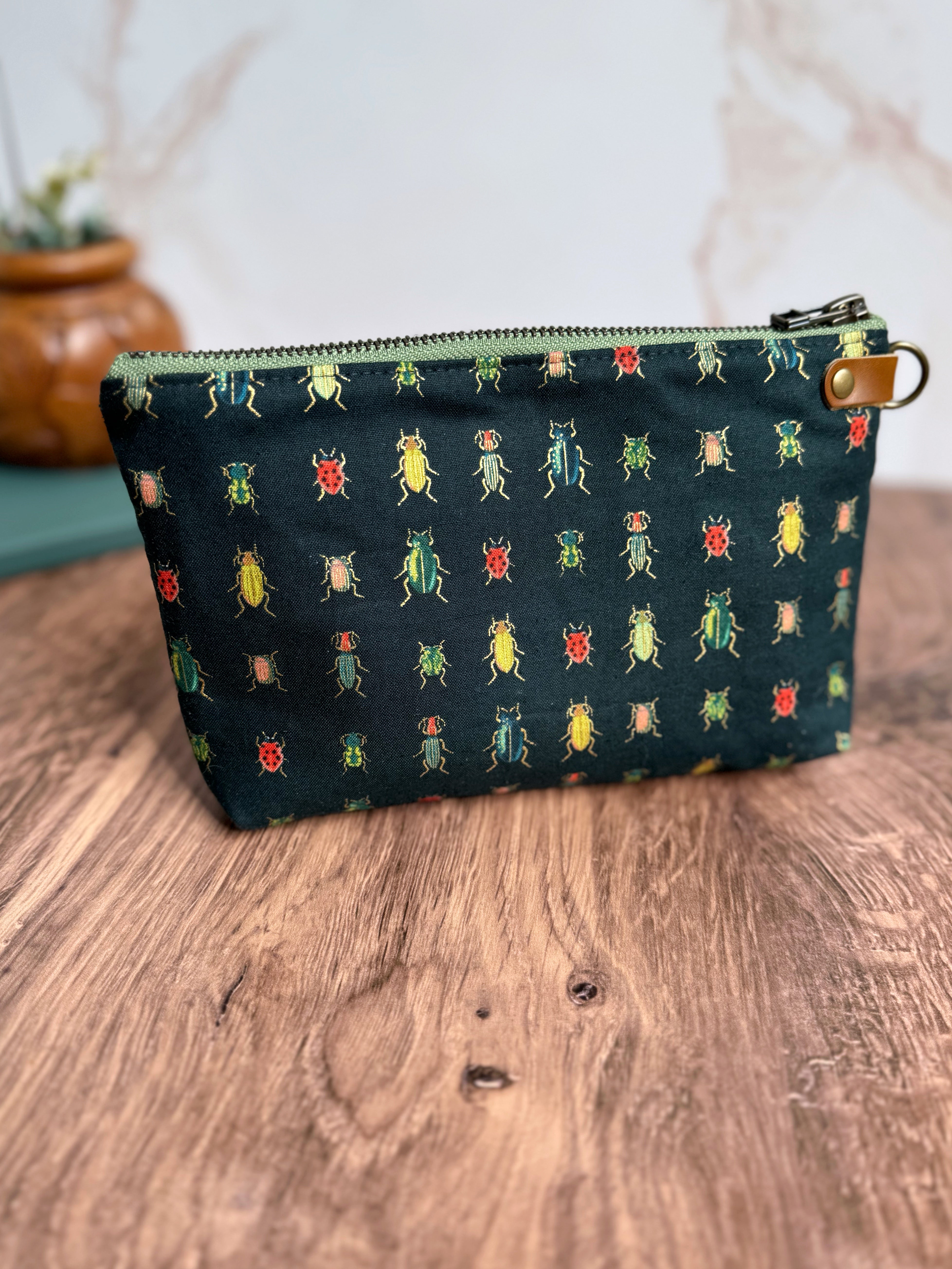 The Erin - Double Zippered Pouch in Tan Vegan Leather and Green Bug Fabric - KrisChris 