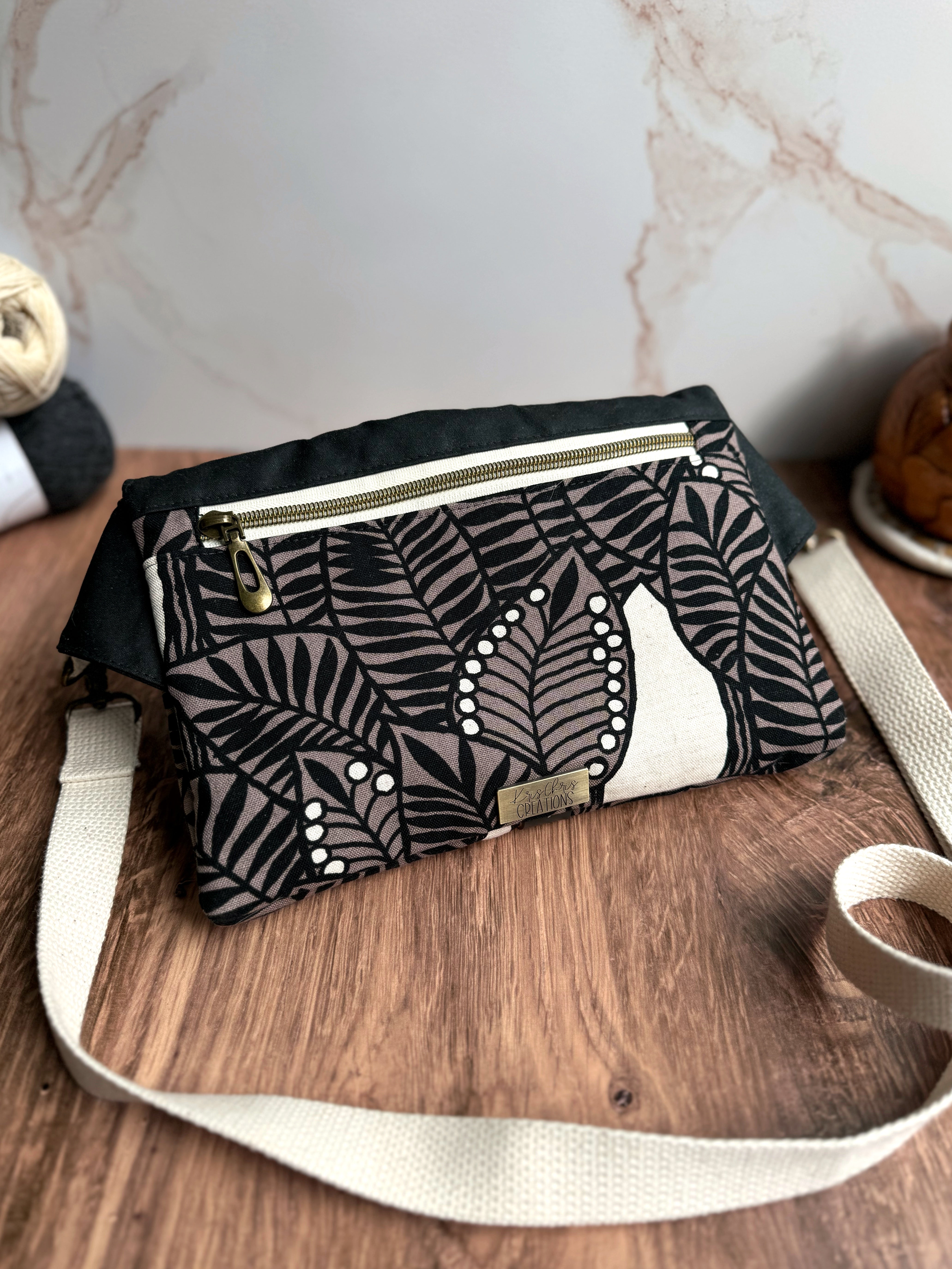 The Jenn - Adjustable Crossbody Belt Bag in Black and Brown Florals - KrisChris 