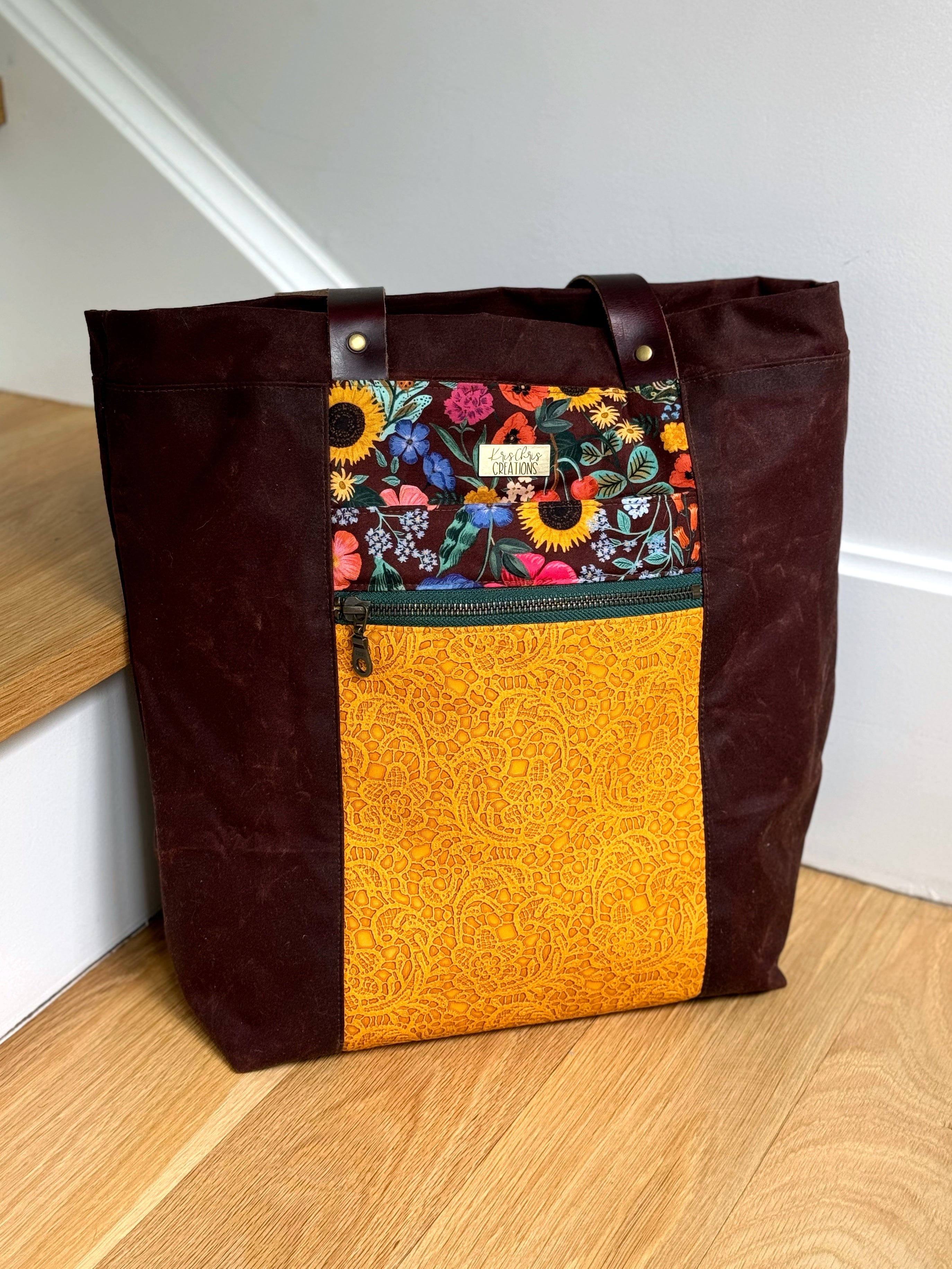 Brown Waxed Canvas Floral Tote Project Bag with Cute Drawstring Closure and Leather Straps, Perfect to Carry Knitting and Crochet orders Projects