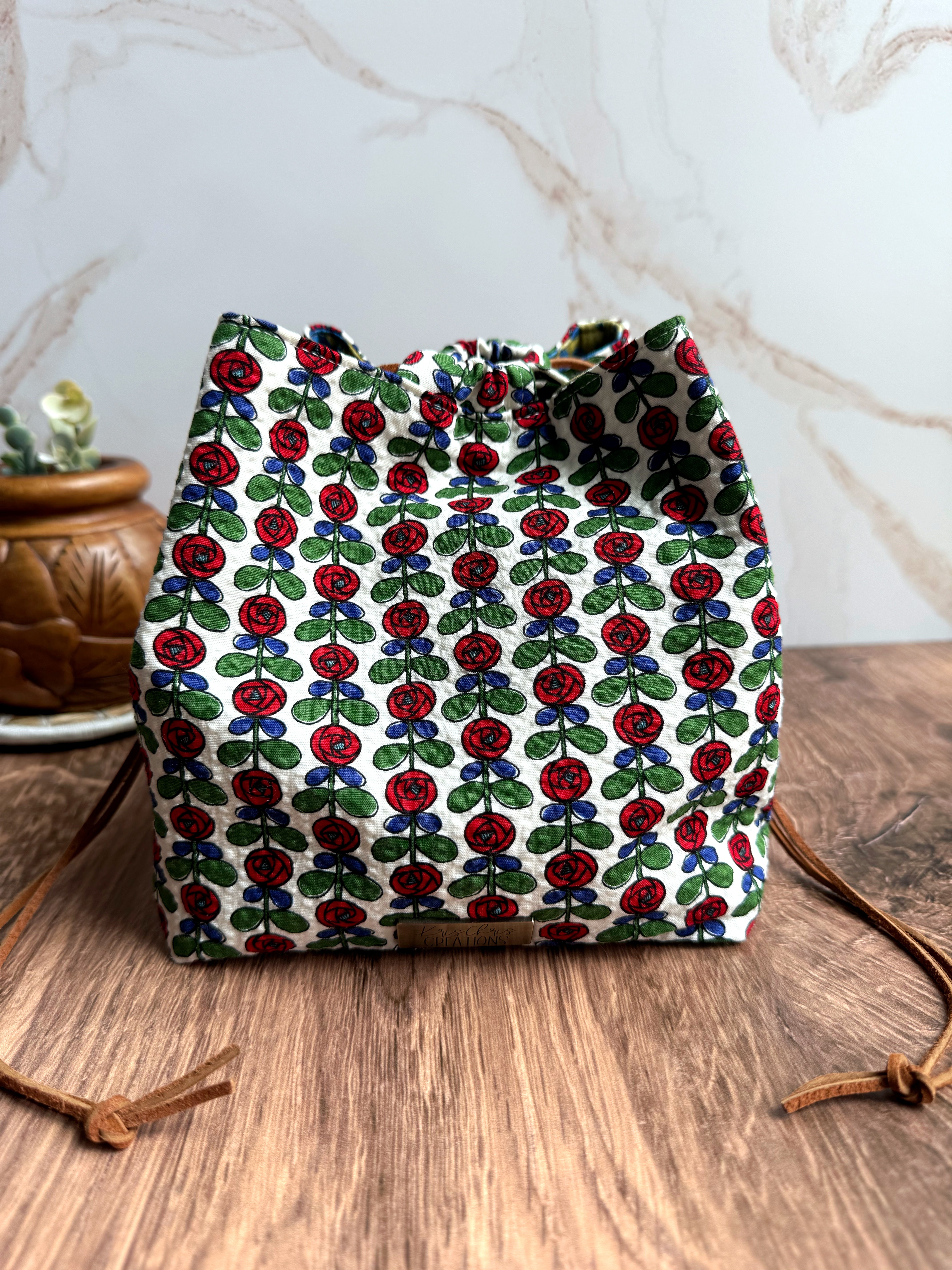 The Pat Pouch - Japanese Drawstring Bag in Floral Seersucker Fabric in White, Red, Green & Blue - KrisChris 