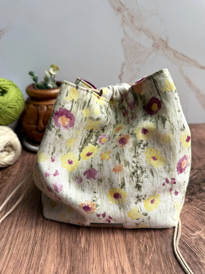 The Pat Pouch - Japanese Drawstring Bag in Floral Linen and Dupioni Silk Lining - KrisChris 