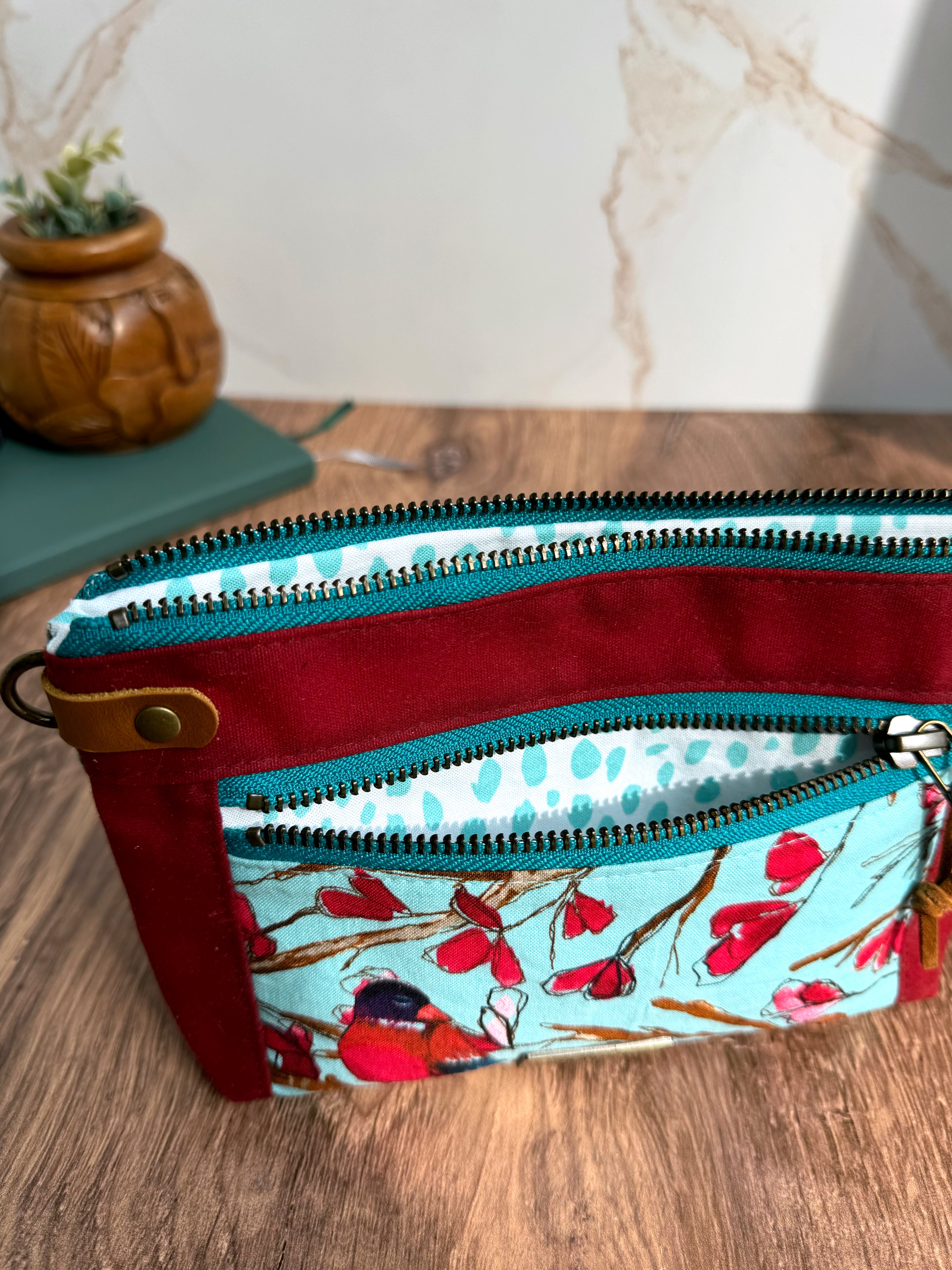 The Erin - Double Zippered Pouch in Red Waxed Canvas and Teal Fabric Featuring Birds - KrisChris 