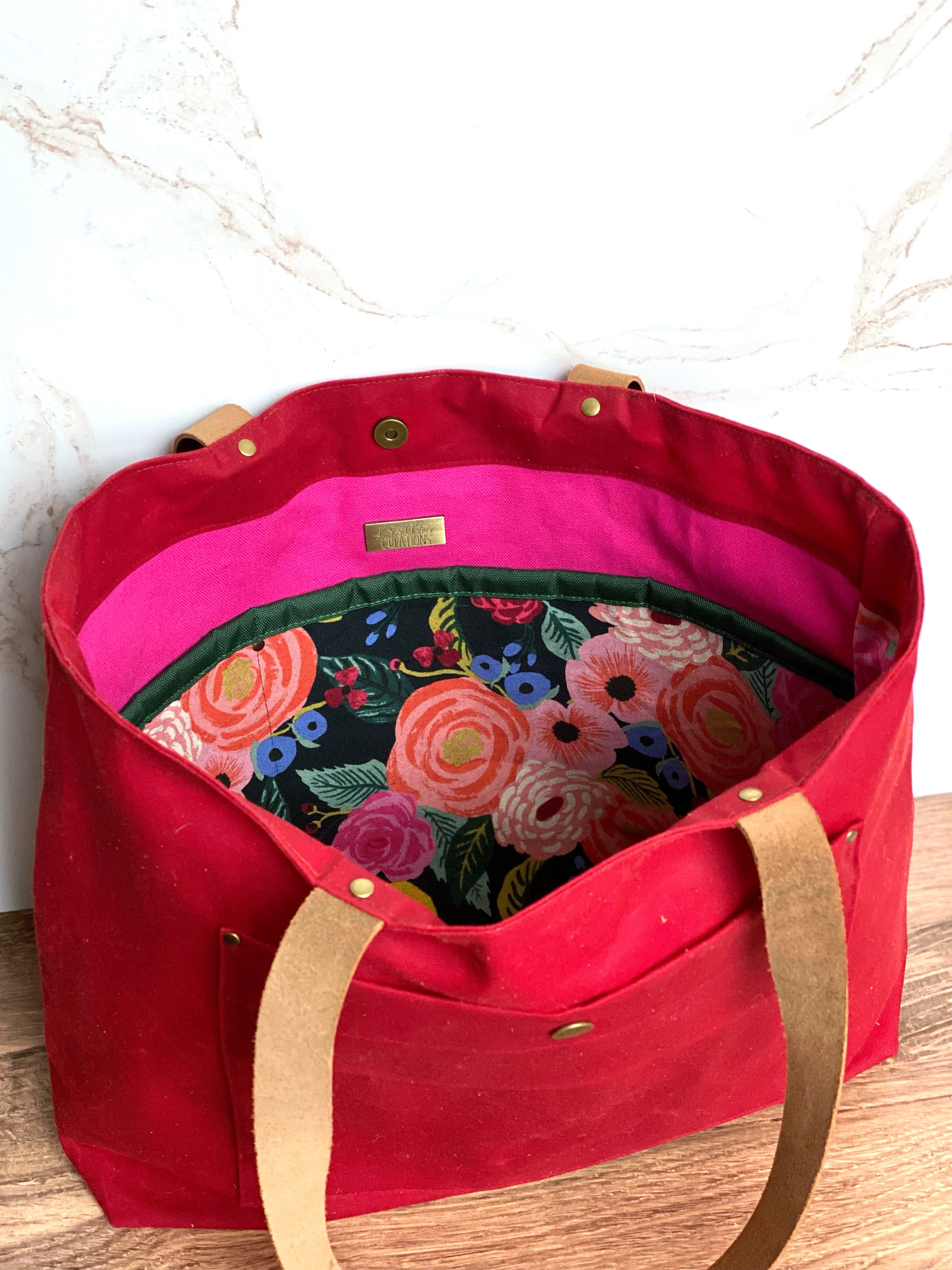 The Jody - Everyday Tote Bag in Red Canvas with Colorful Floral Lining - KrisChris 