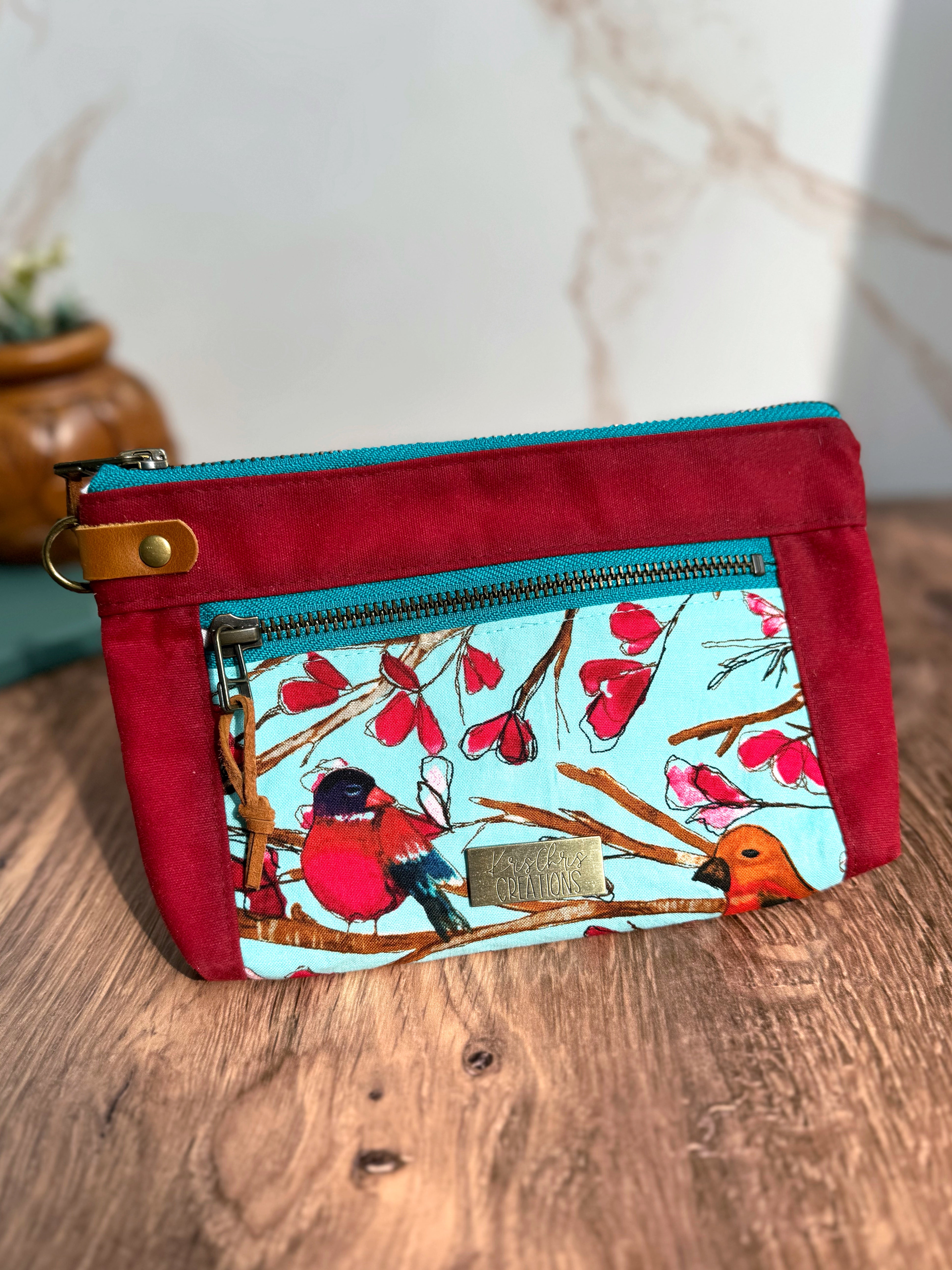 The Erin - Double Zippered Pouch in Red Waxed Canvas and Teal Fabric Featuring Birds - KrisChris 