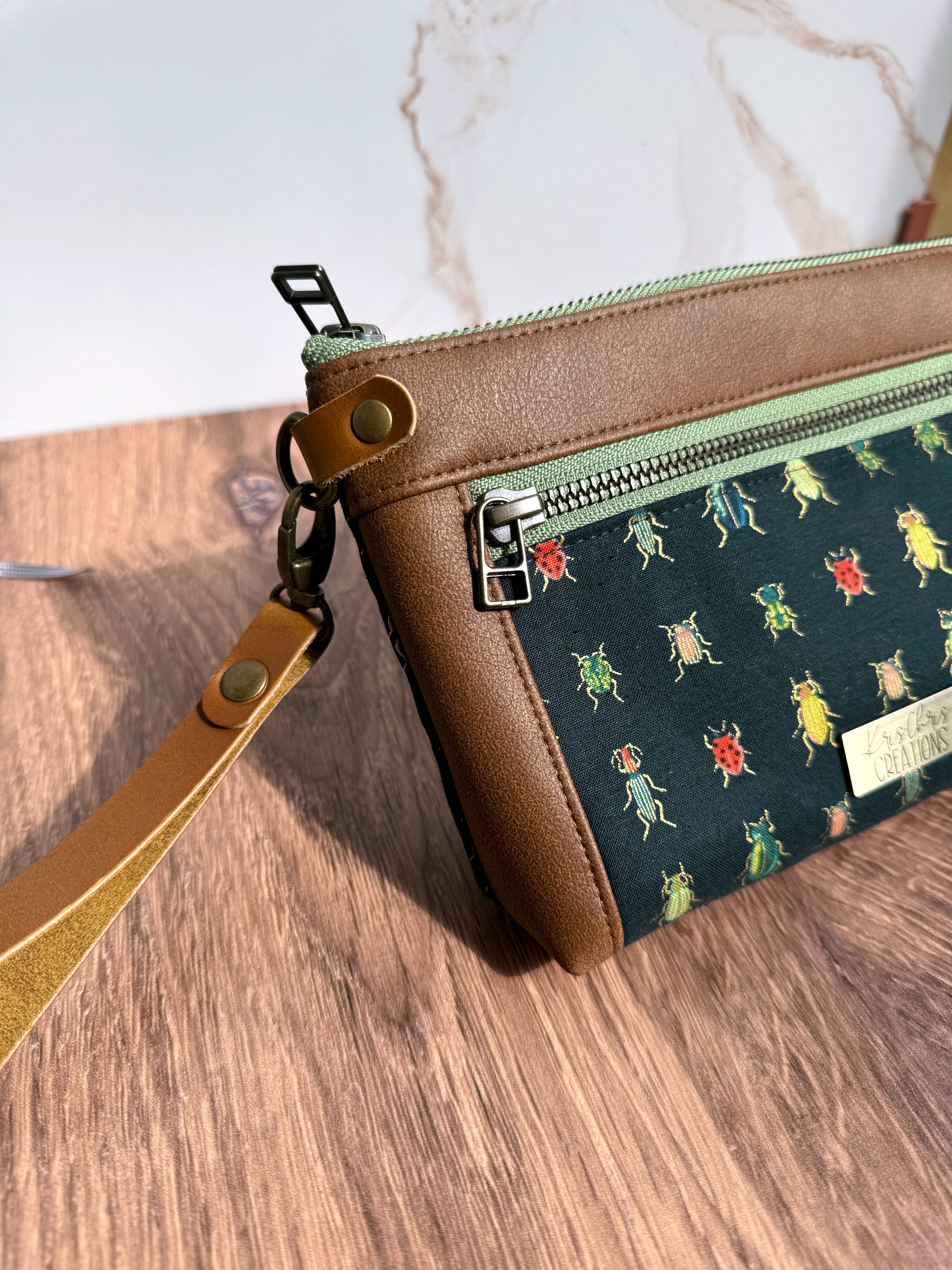 The Erin - Double Zippered Pouch in Tan Vegan Leather and Green Bug Fabric - KrisChris 