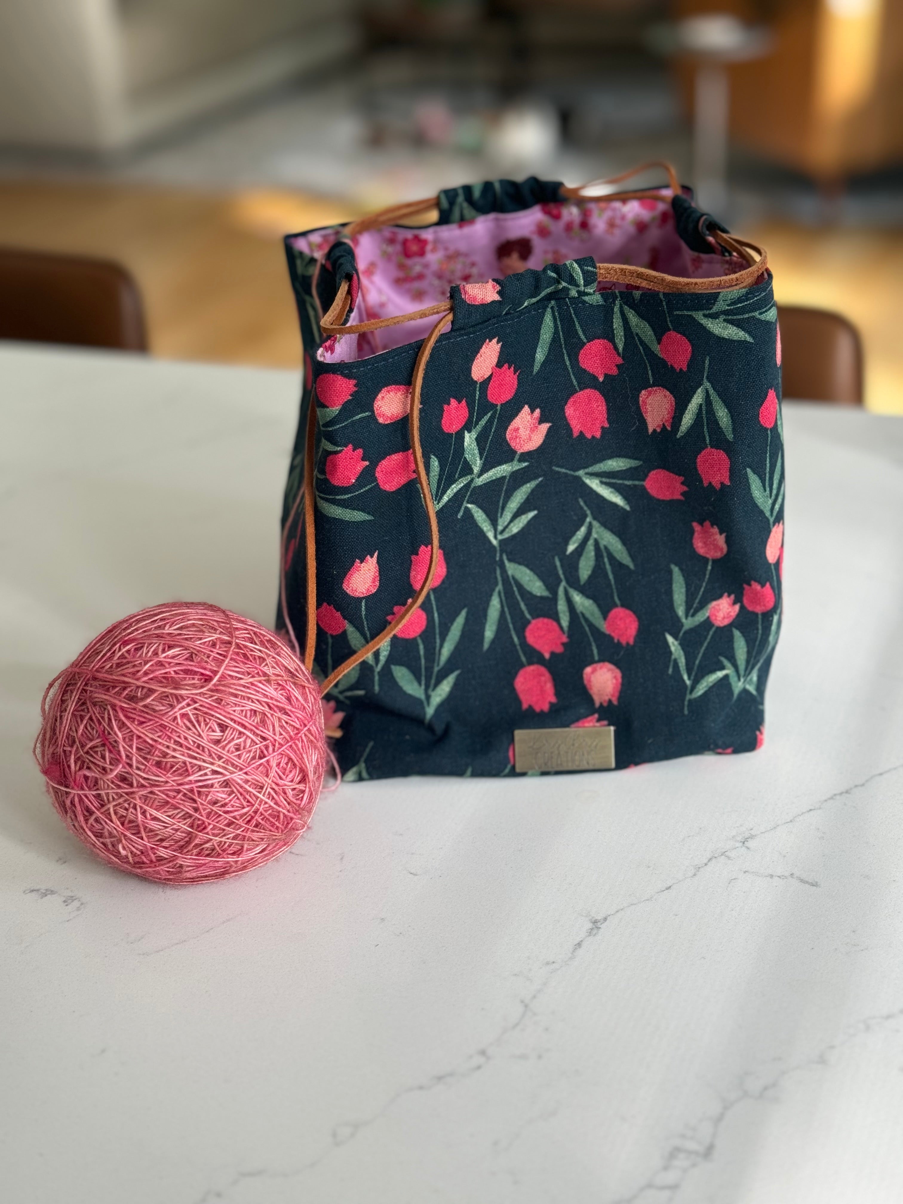 The Pat Pouch - Japanese Drawstring Bag in Navy and Pink Tulip Linen - KrisChris 