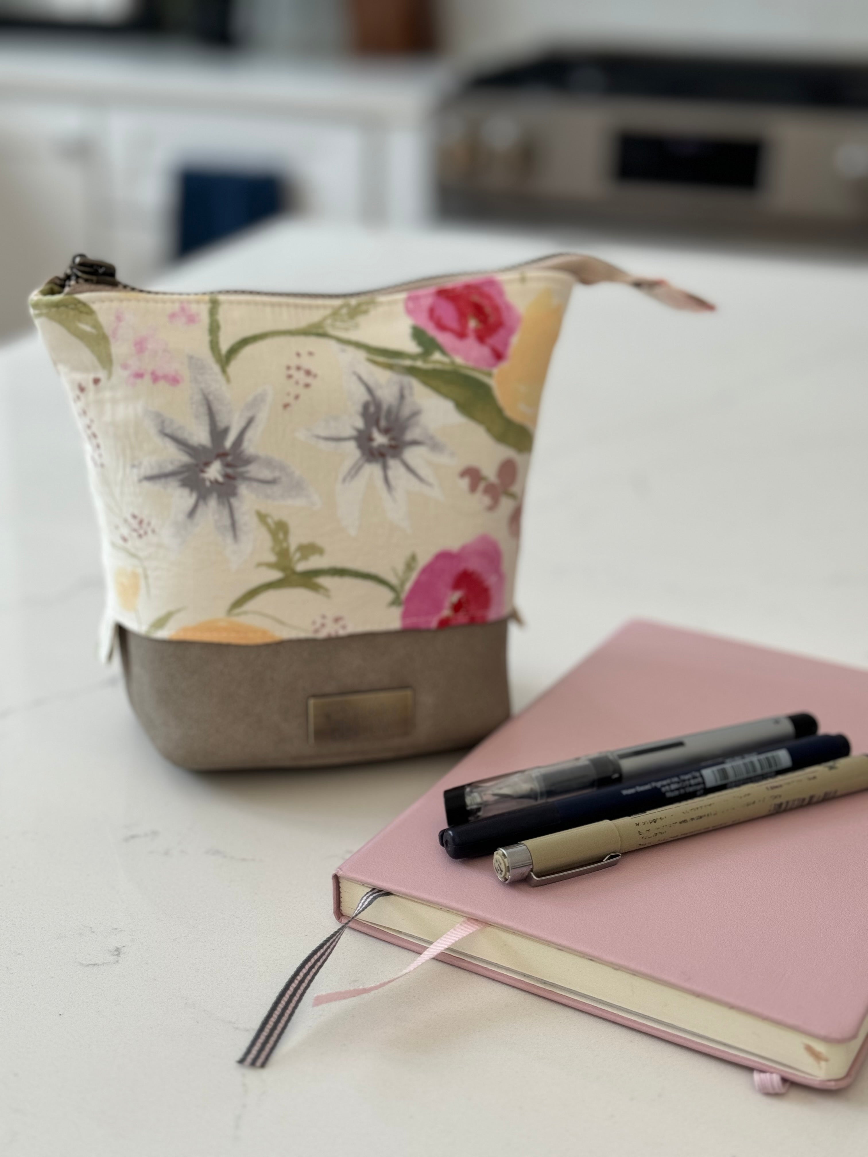 The Kate - Zipper Art Supply Pouch in Beige Vegan Leather and Japanese Watercolor Florals - KrisChris 