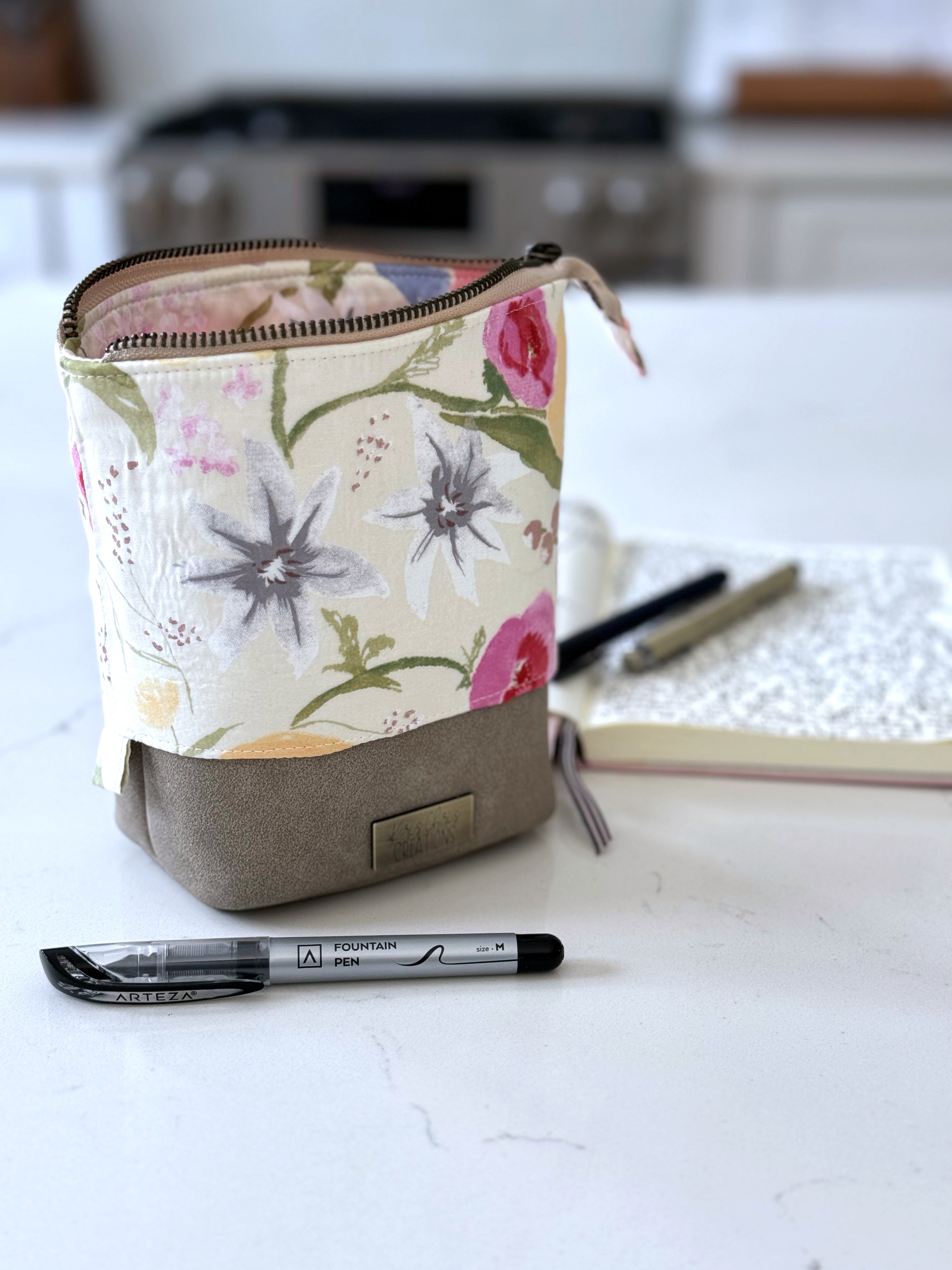 The Kate - Zipper Art Supply Pouch in Beige Vegan Leather and Japanese Watercolor Florals - KrisChris 