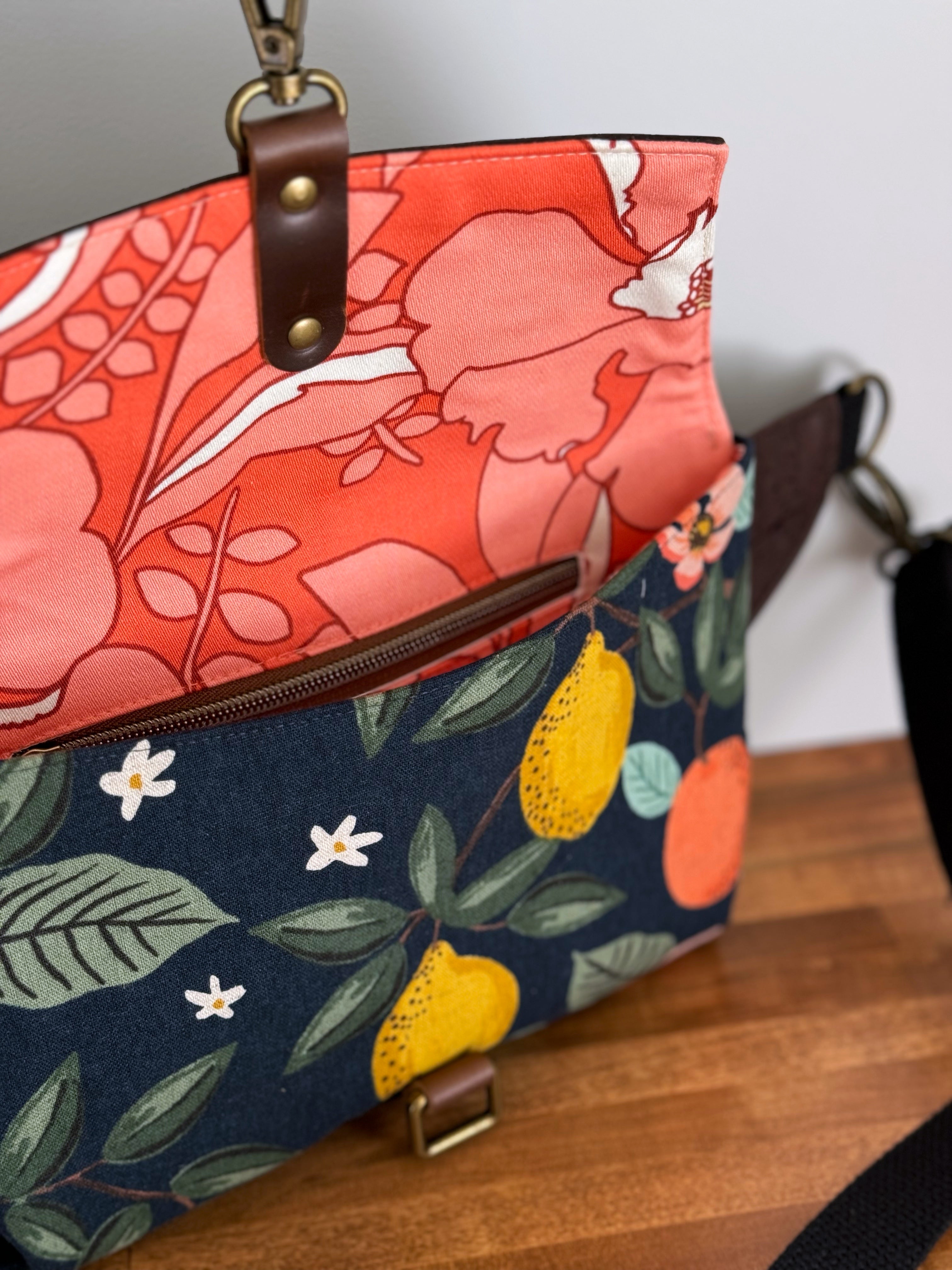 The Jenn - Adjustable Crossbody Belt Bag in Brown Cork and Citrus Florals - KrisChris 