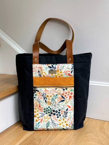 The Kristen - Project Tote Bag in Navy Waxed Canvas and Colorful Floral Fabric - KrisChris 