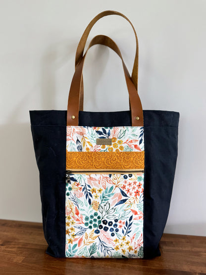 The Kristen - Project Tote Bag in Navy Waxed Canvas and Colorful Floral Fabric - KrisChris 