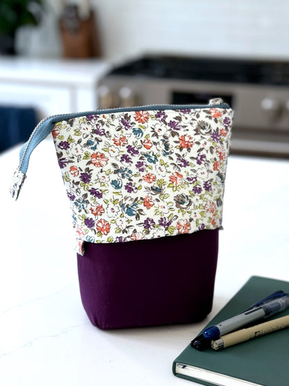 The Kate - Zipper Art Supply Pouch in Purple and White Florals - KrisChris 