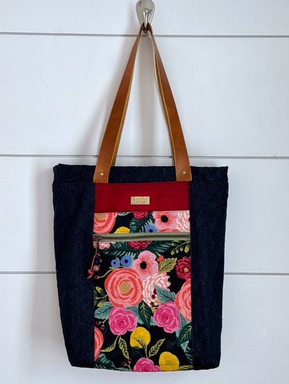 The Kristen - Project Tote Bag in Textured Denim and Bright Pink Floral Canvas - KrisChris 