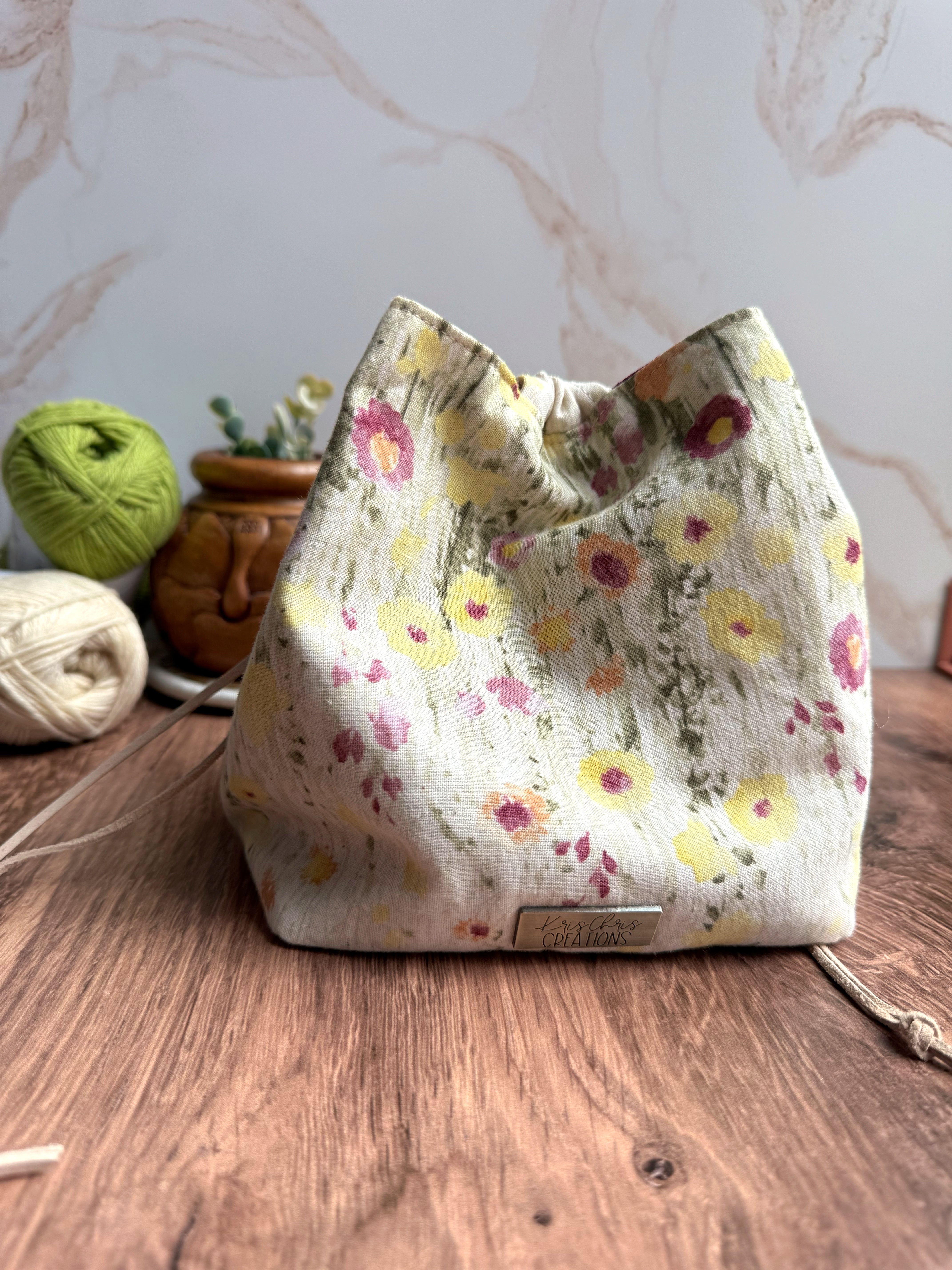 The Pat Pouch - Japanese Drawstring Bag in Floral Linen and Dupioni Silk Lining - KrisChris 