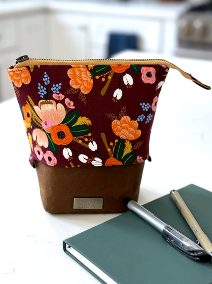 The Kate - Zipper Art Supply Pouch in Dark Warm Florals and Brown Waxed Canvas - KrisChris 