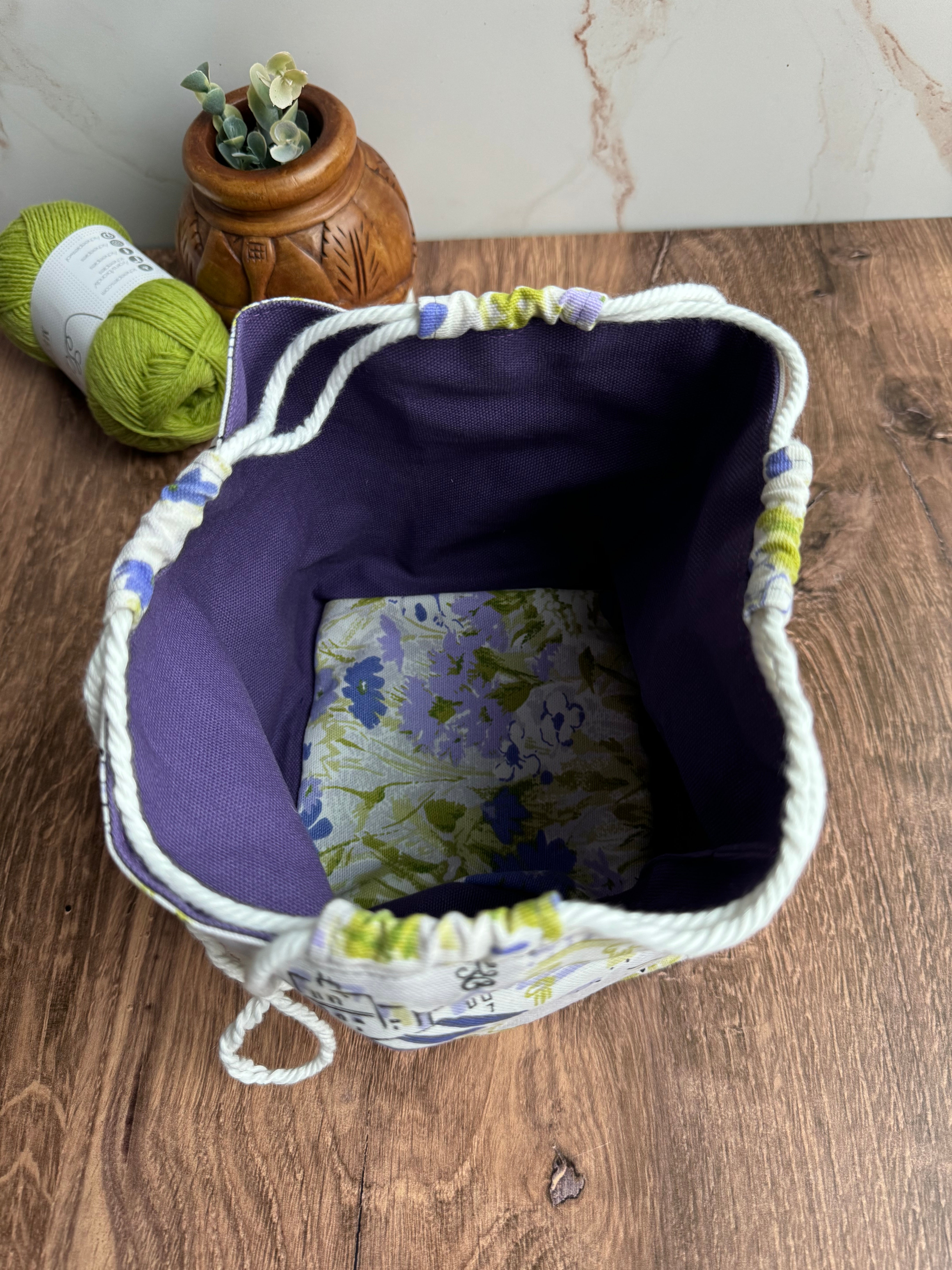 The Pat Pouch - Japanese Drawstring Bag in Purple and Green Parisian Canvas - KrisChris 