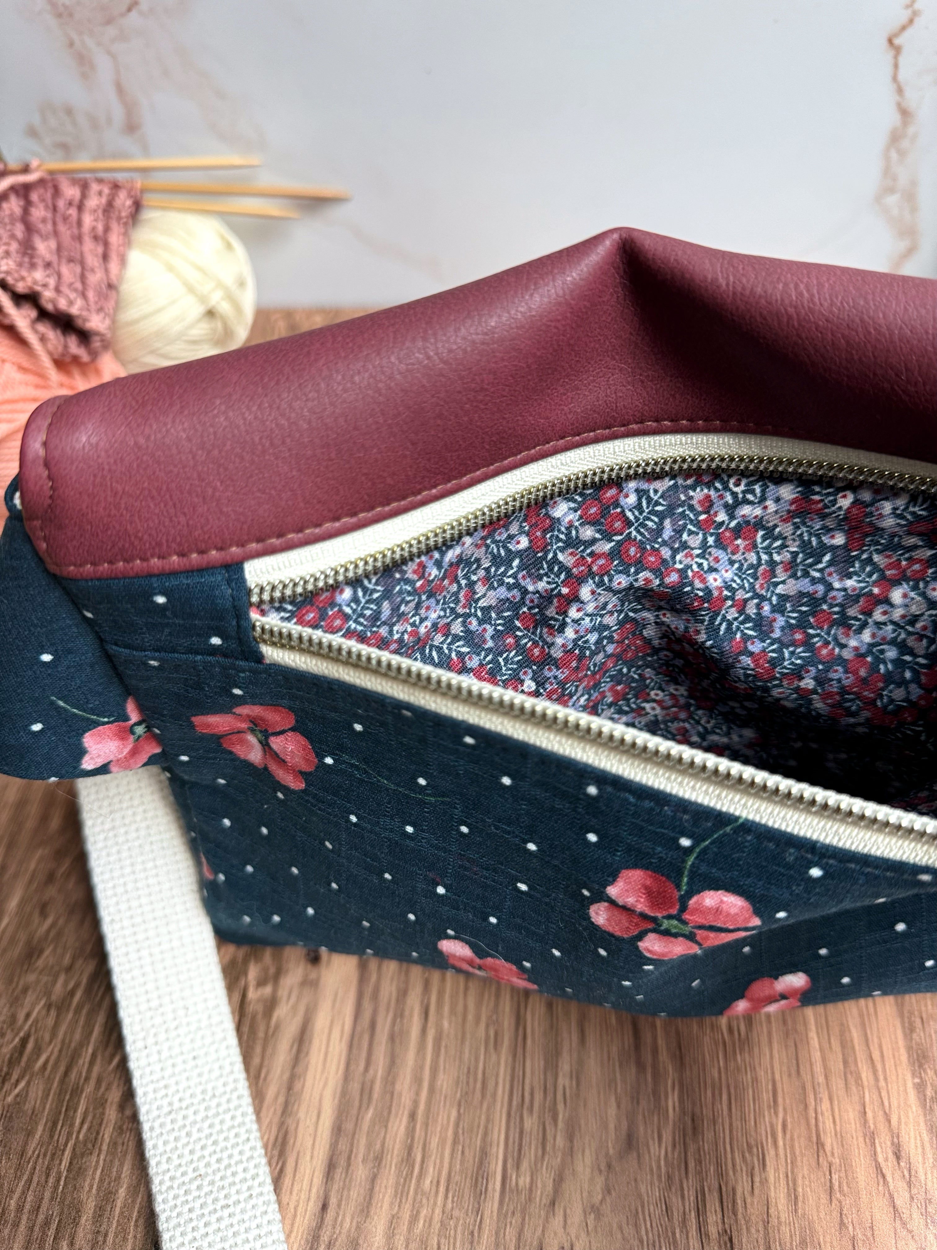 The Jenn - Adjustable Crossbody Belt Bag in Vegan Leather and Navy Dotted Nasturtium Fabric - KrisChris 