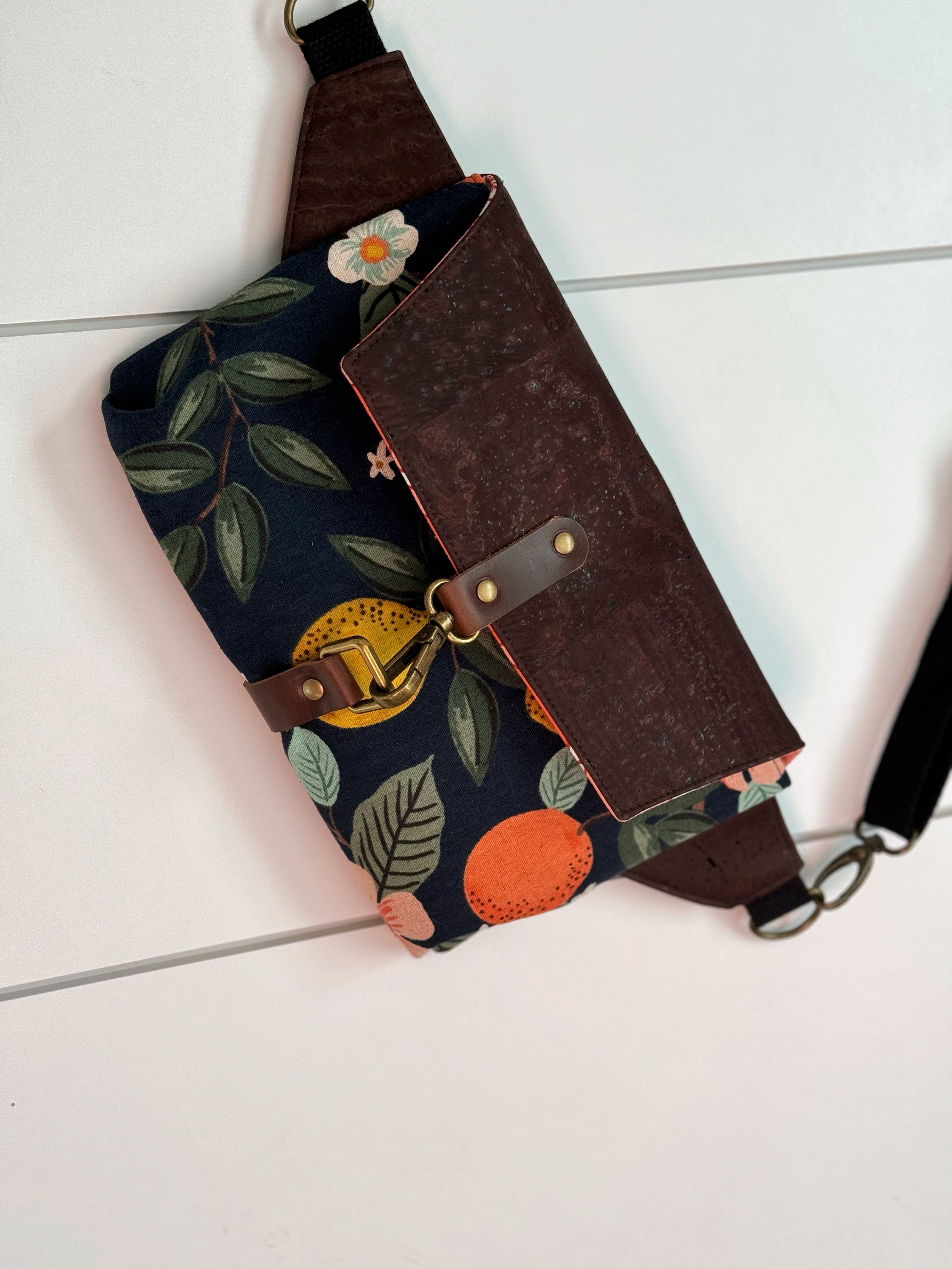 The Jenn - Adjustable Crossbody Belt Bag in Brown Cork and Citrus Florals - KrisChris 