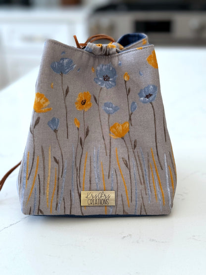 The Pat Pouch - Drawstring Bag in Japanese Linen - Blue and Yellow Poppies - KrisChris 