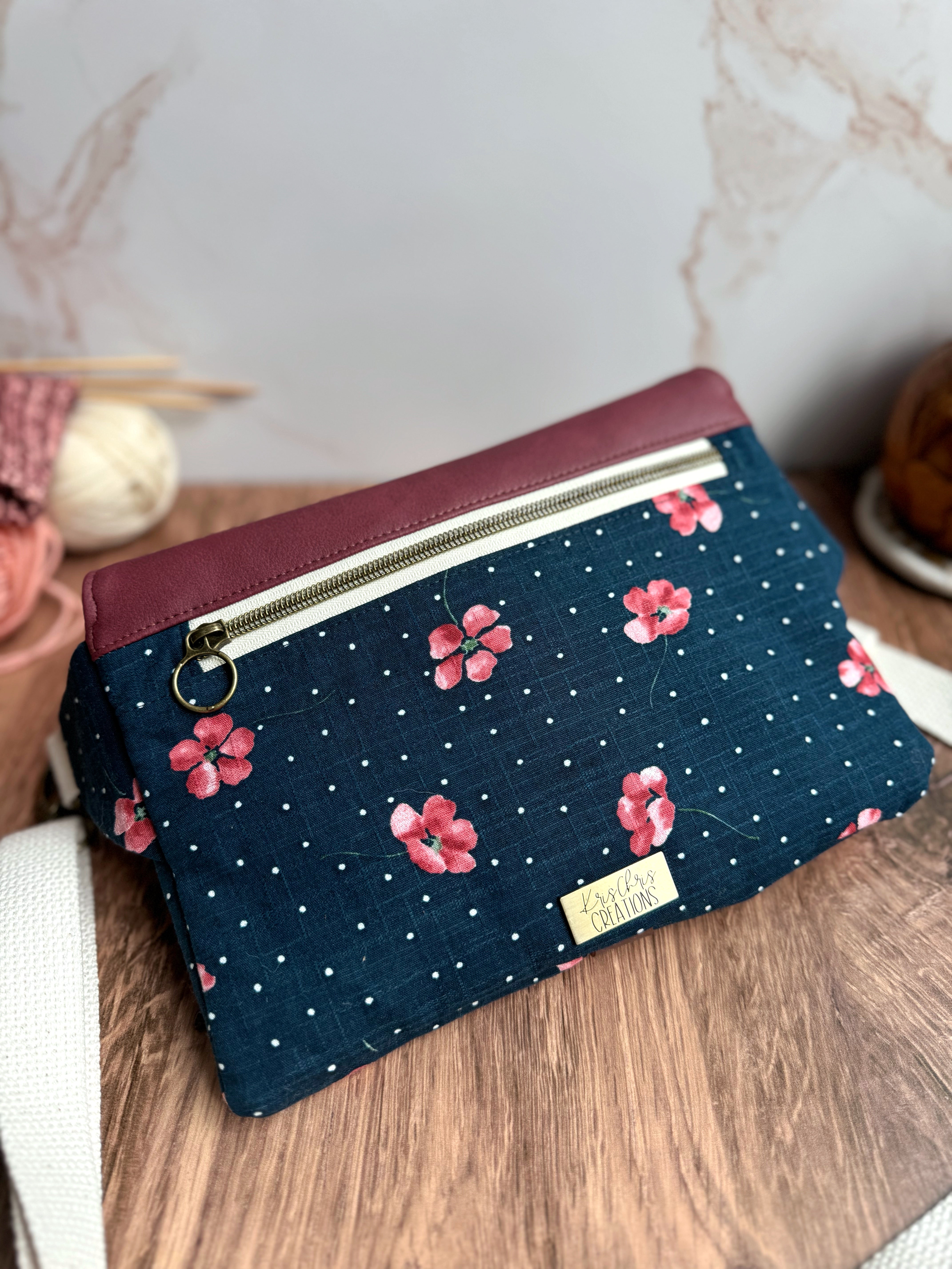 The Jenn - Adjustable Crossbody Belt Bag in Vegan Leather and Navy Dotted Nasturtium Fabric - KrisChris 