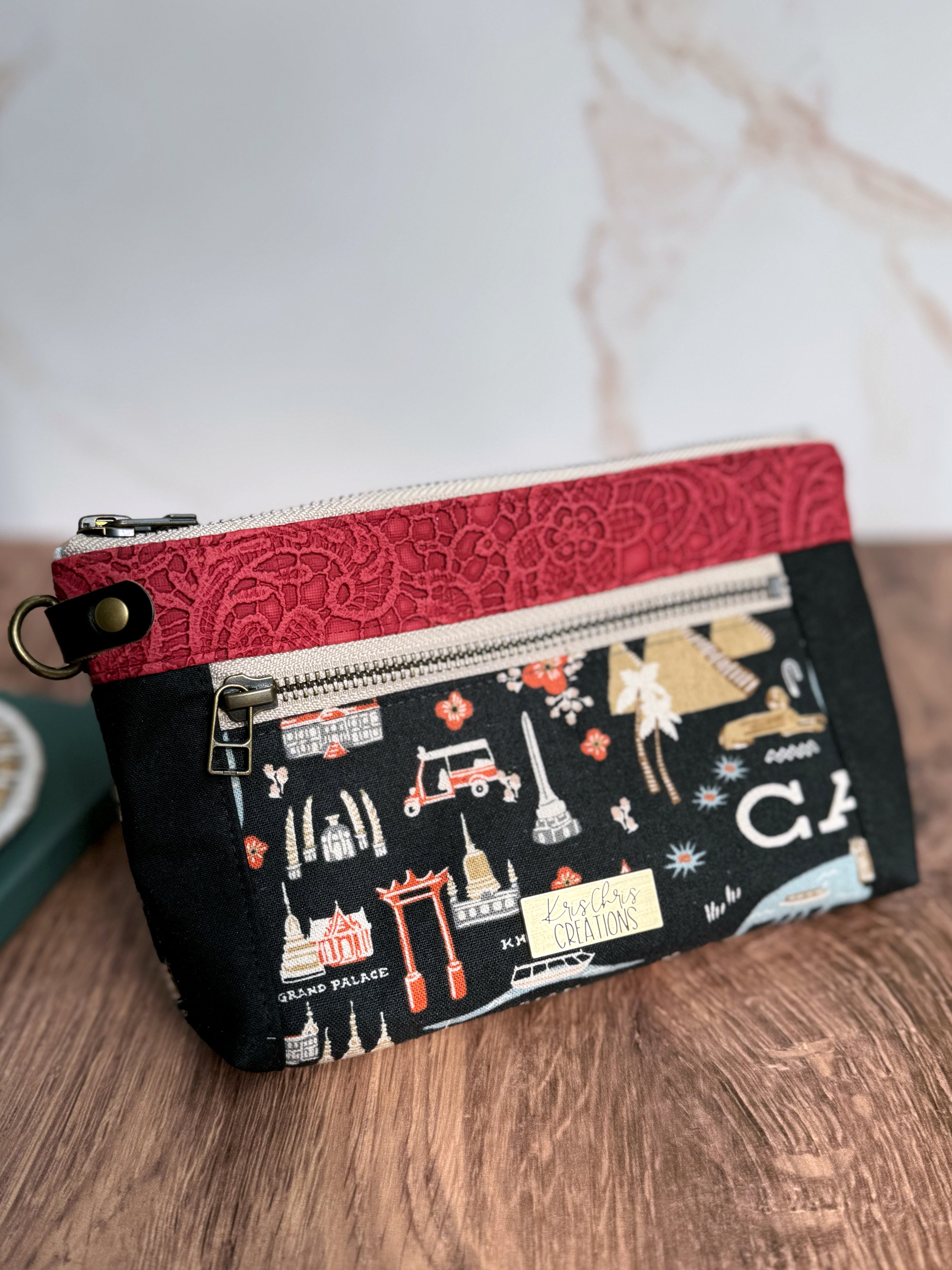 The Erin - Double Zippered Pouch in Red Lace Vinyl and Map Fabric for a Travel Lover - KrisChris 