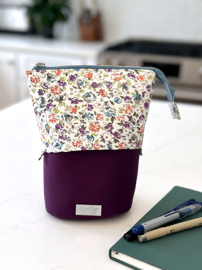 The Kate - Zipper Art Supply Pouch in Purple and White Florals - KrisChris 