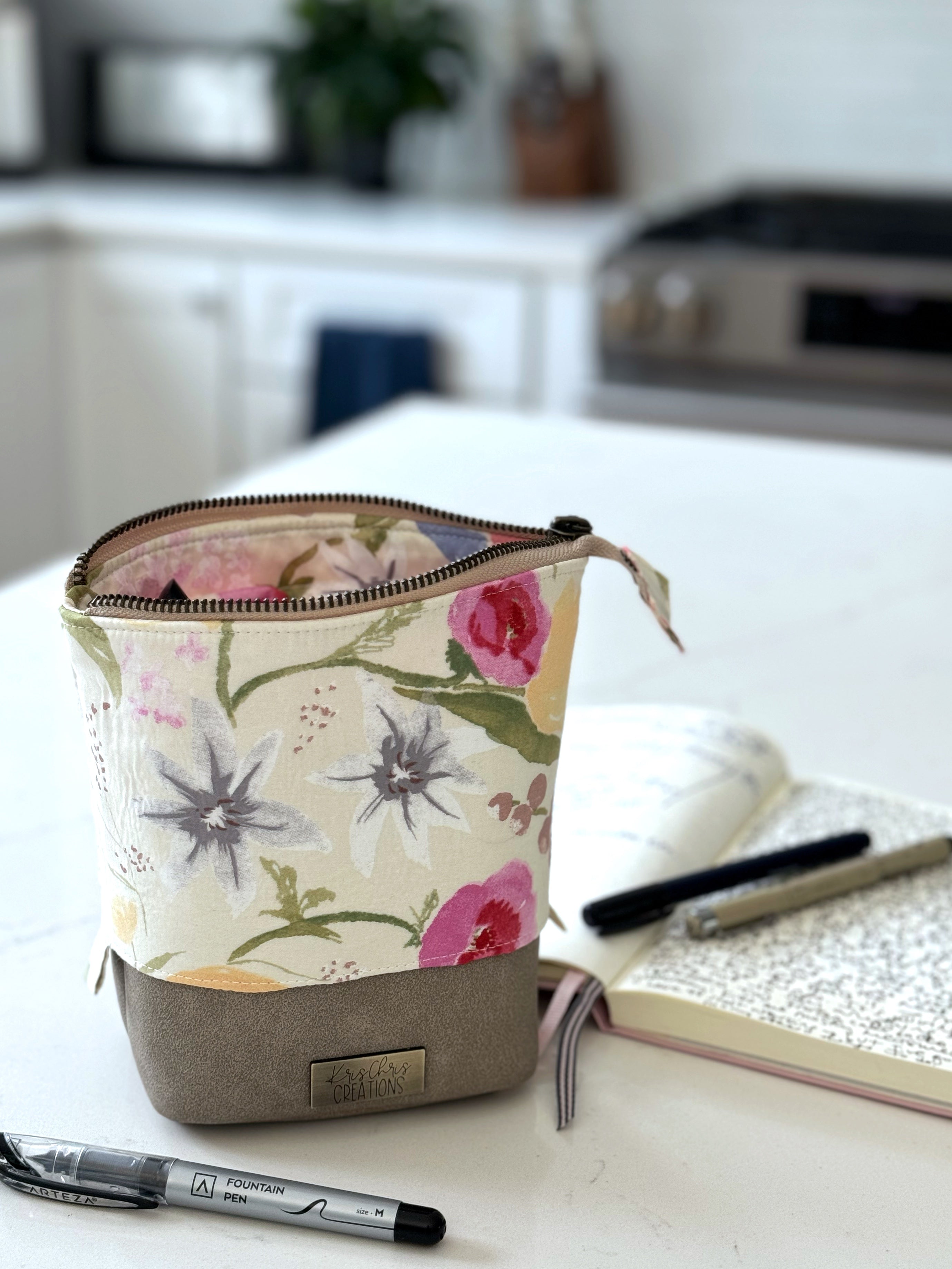 The Kate - Zipper Art Supply Pouch in Beige Vegan Leather and Japanese Watercolor Florals - KrisChris 